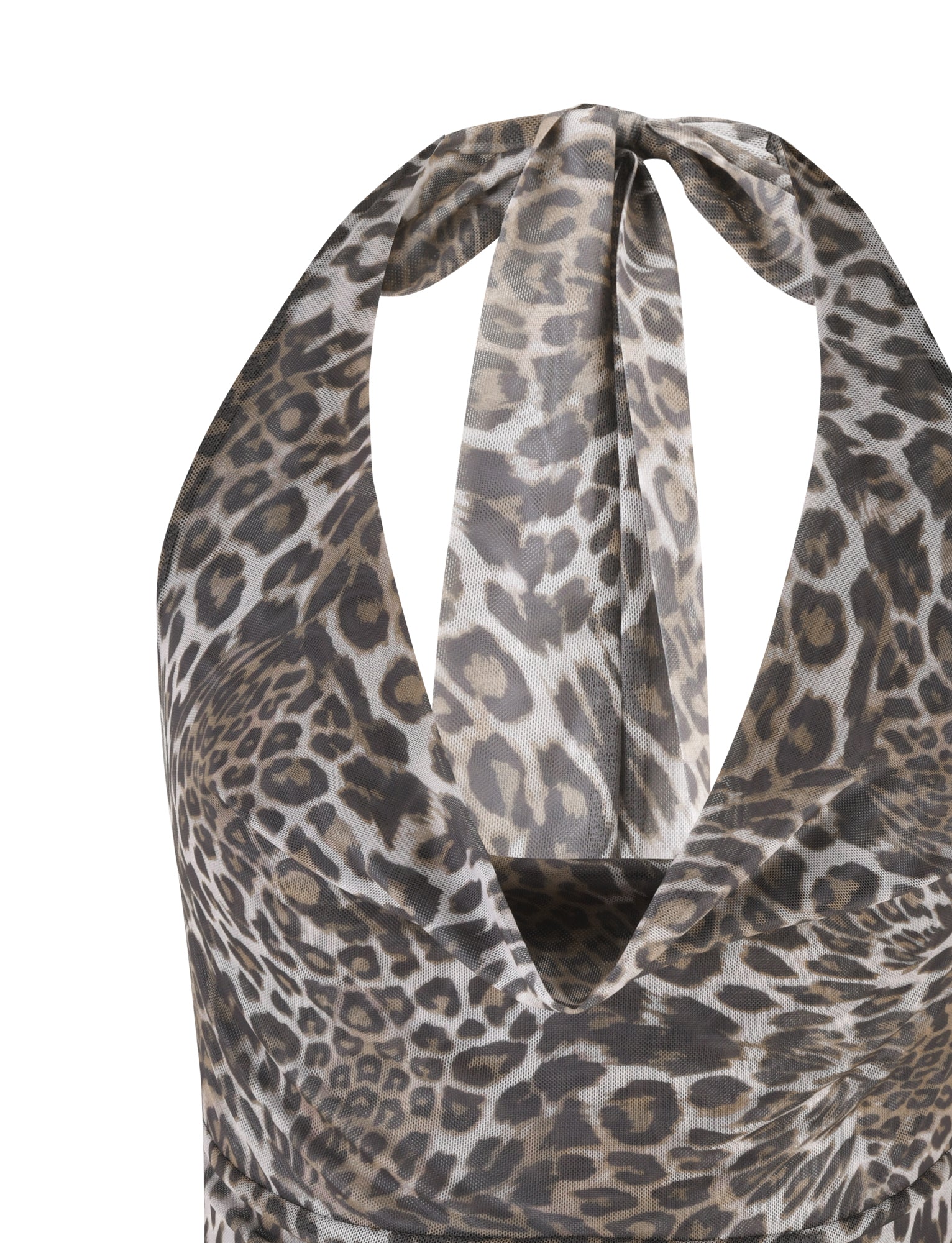 A close-up of the TIGERMIST RILYNN TOP - NEUTRAL : LEOPARD featuring a leopard print pattern. The design includes a fitted silhouette with a plunging cowl front neckline and a knot at the back of the neck, showcasing the intricate and bold animal print fabric.