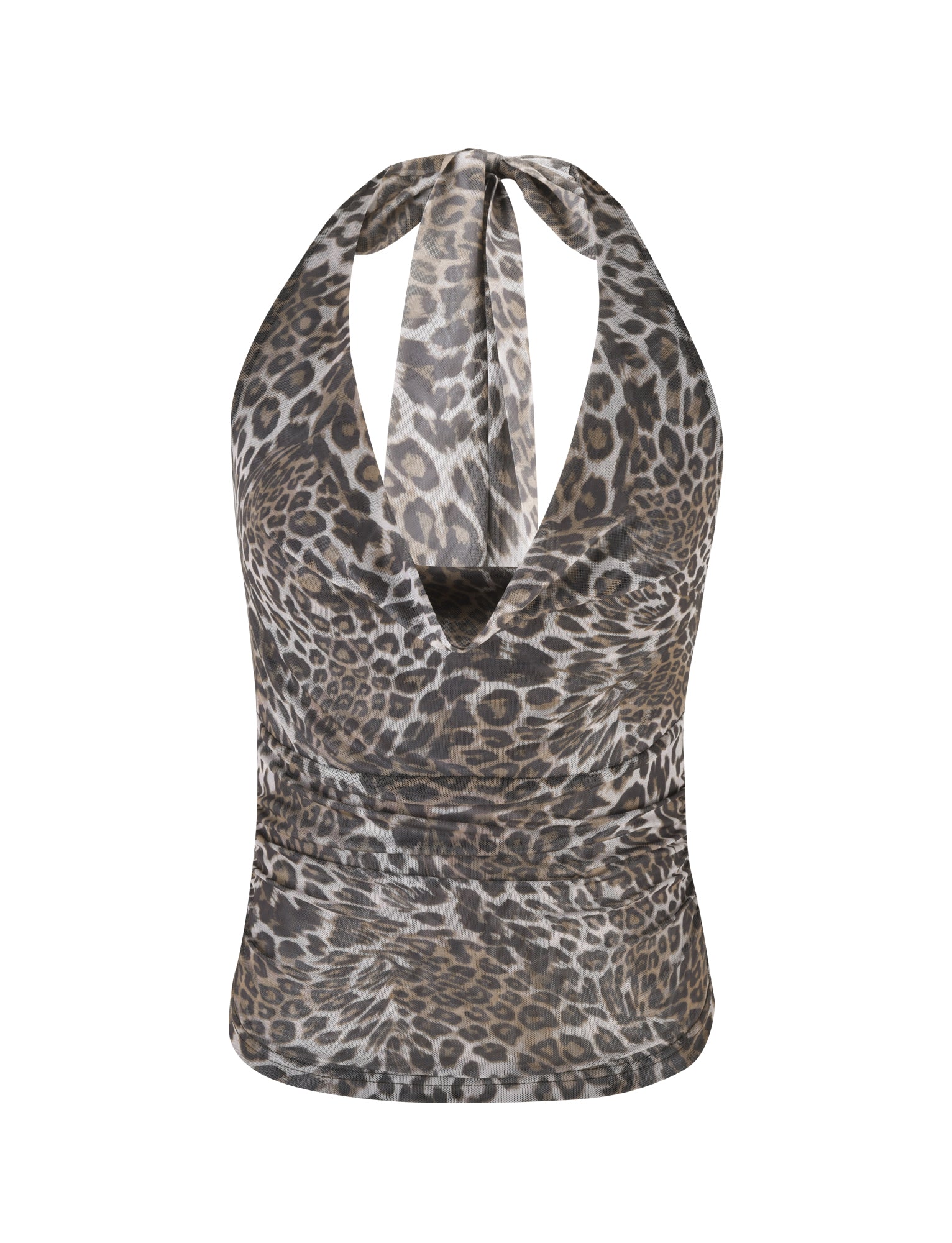 Introducing the RILYNN TOP - NEUTRAL : LEOPARD by TIGERMIST: A sleeveless halter top featuring a deep V-neck and eye-catching leopard print with shades of brown, tan, and black spots that emulate a wild feline design. This semi-sheer mesh-lined top is fitted at the waist and includes a halter strap that ties behind the neck for added allure.