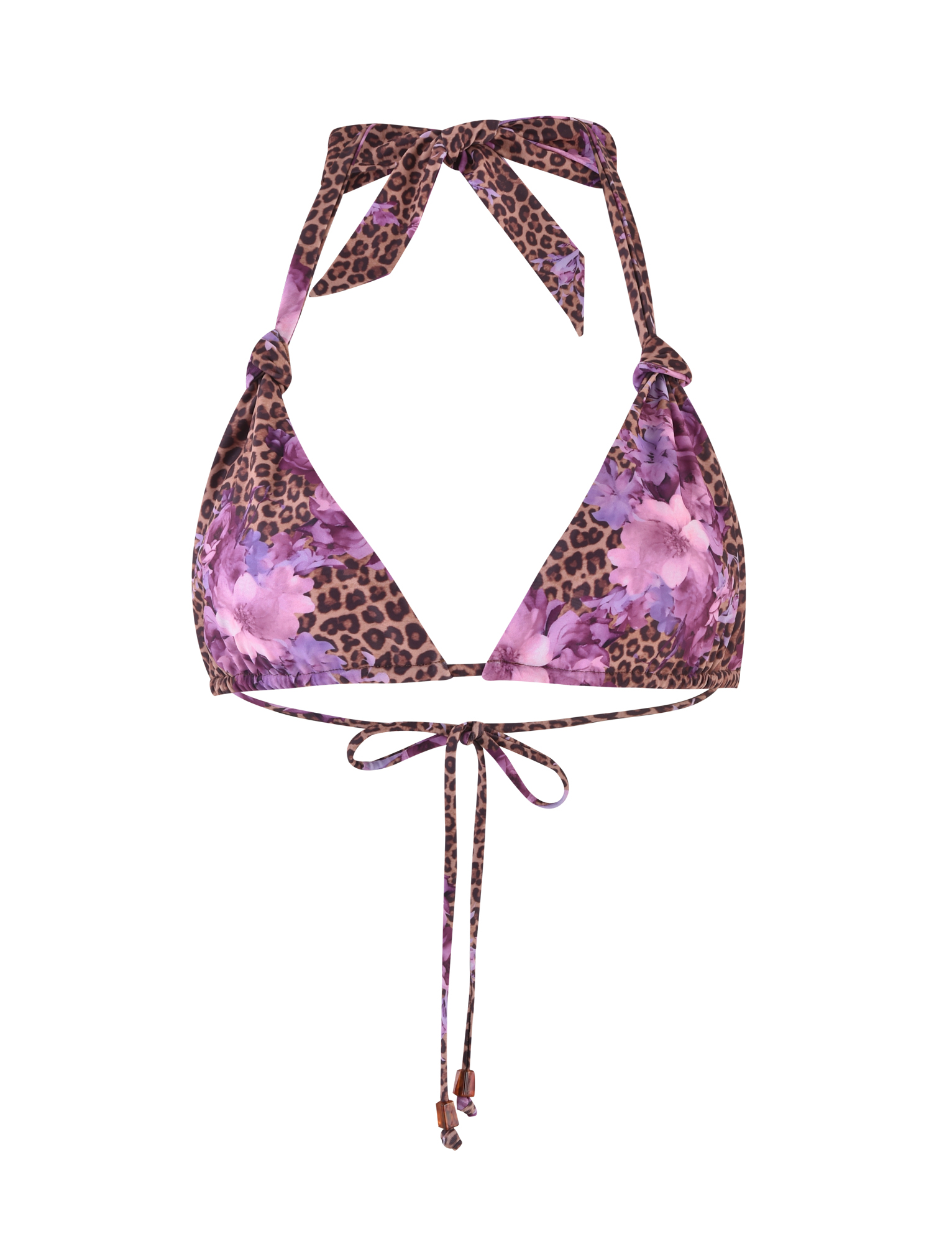 The DESIRAE BIKINI TOP by TIGERMIST features a halter neck and back ties, crafted from high stretch fabric with a bold purple, brown, and pink floral leopard print.