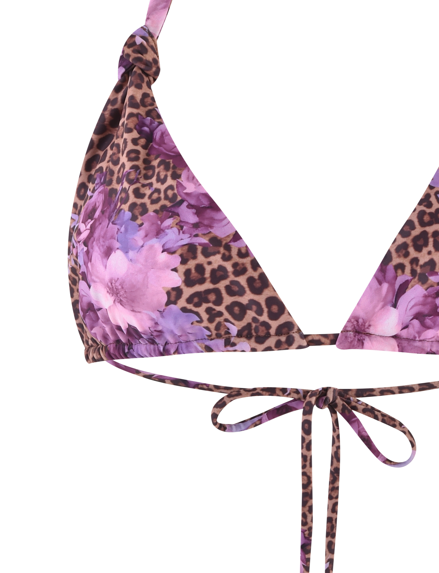 The DESIRAE BIKINI TOP from TIGERMIST features a purple floral leopard print, triangle cups, high-stretch fabric, and a string tie at the bottom center.