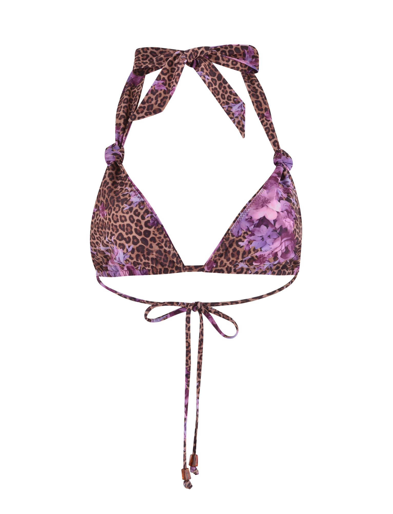 The TIGERMIST DESIRAE BIKINI TOP features a halter-neck, back tie, and long thin ties with metal ends, crafted from high stretch fabric in a bold purple floral leopard print.