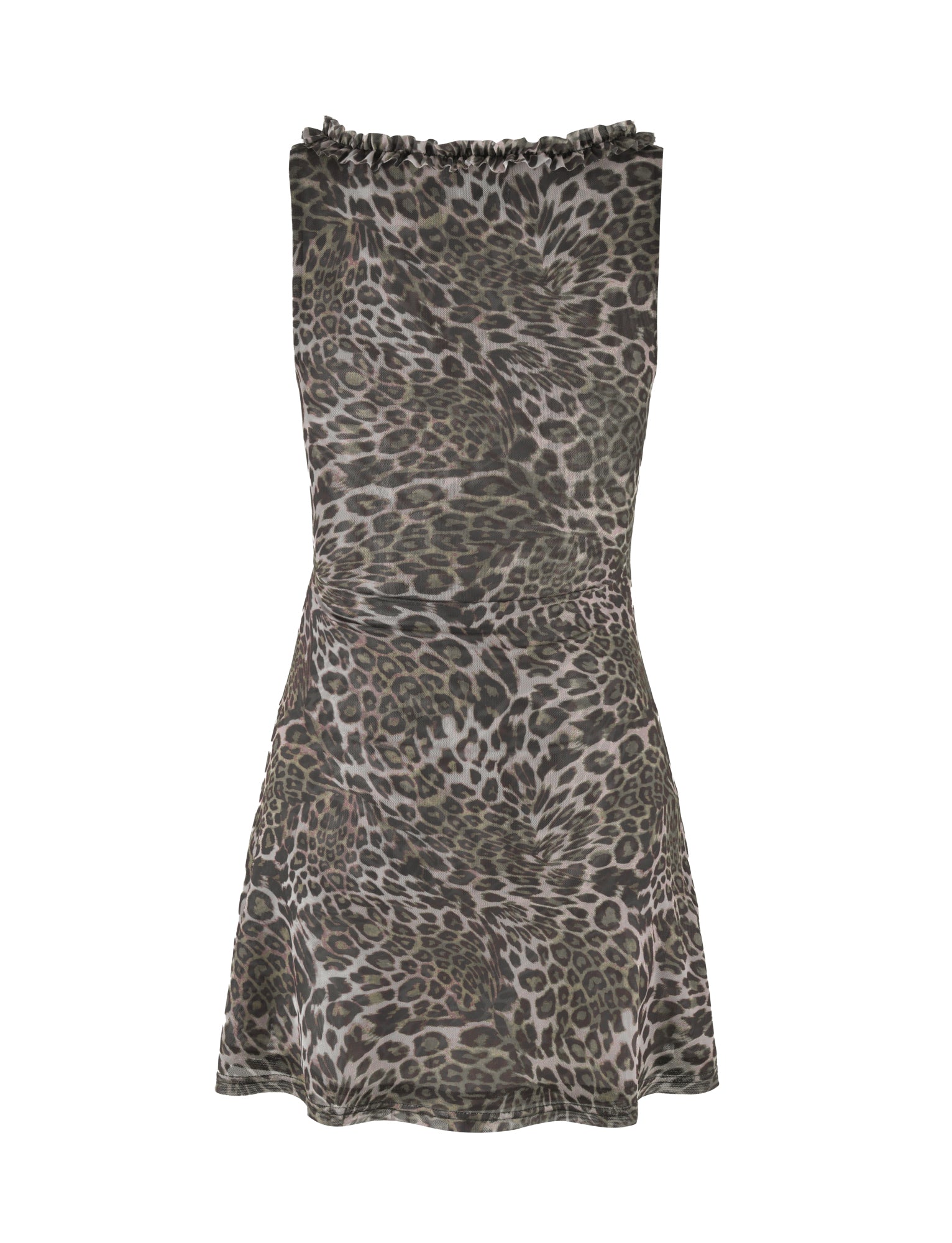 Introducing the TIGERMIST CAMPBELL MINI DRESS - NEUTRAL : LEOPARD, a stunning sleeveless dress with an A-Line fit and a flared skirt. It features an all-over leopard print pattern in shades of brown and black on a gray background. The dress boasts a slightly ruffled, plunging front neckline and falls just above the knee.