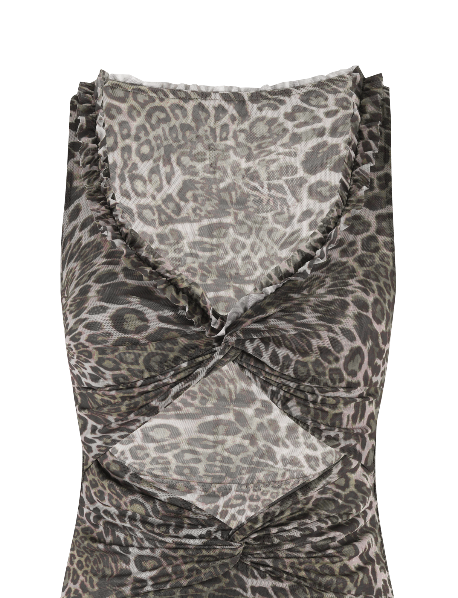 Introducing the CAMPBELL MINI DRESS - NEUTRAL: LEOPARD by TIGERMIST, a sleeveless, V-neck dress adorned with a leopard print pattern in shades of gray and black. The fabric is ruched with small ruffles along the neckline and includes a twist detail at the waist, creating a stylishly textured A-line silhouette.