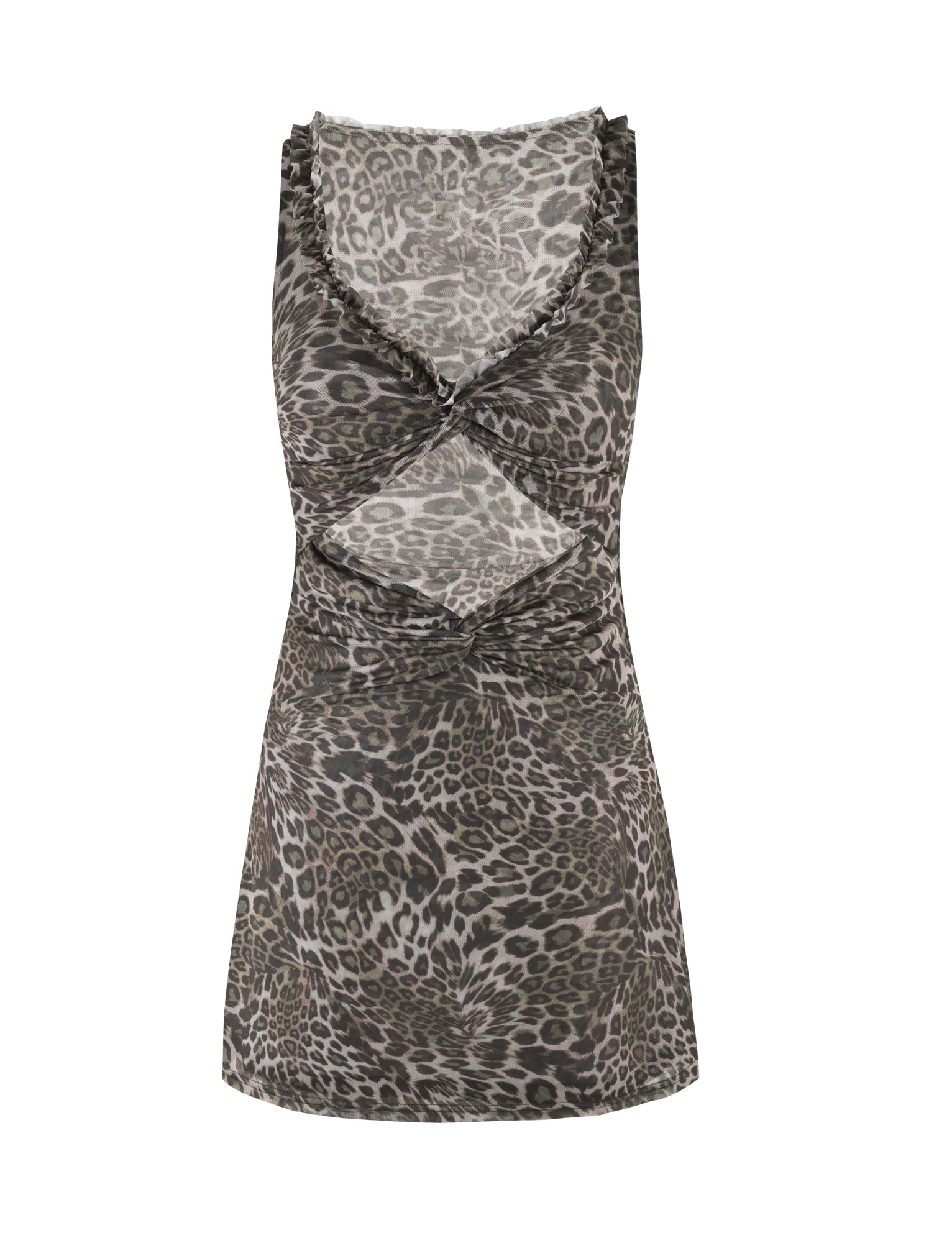The CAMPBELL MINI DRESS - NEUTRAL : LEOPARD by TIGERMIST is a sleeveless, fitted dress with a plunging front neckline and gathered detail around the bust. Made from high stretch fabric, it features a leopard print pattern in shades of gray and black, accented with subtle ruffles along the neckline.