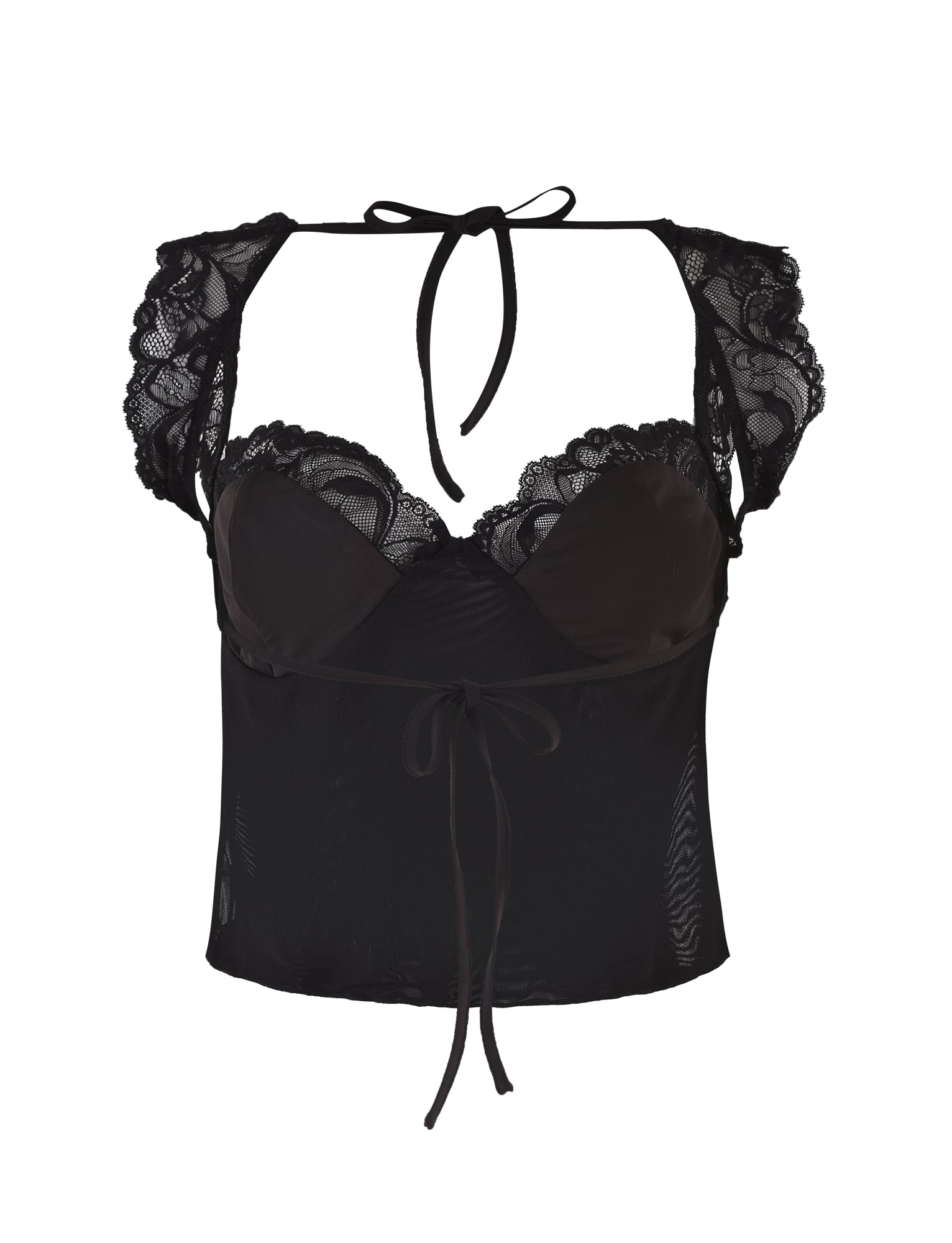 The NYOMI TOP - BLACK from TIGERMIST is a stylish black lace top with a sheer panel, featuring delicate lace sleeves and trim around the bust. It showcases a halter neckline adorned with a bow tie, an open back design, and an elegant second bow tied at the waist.