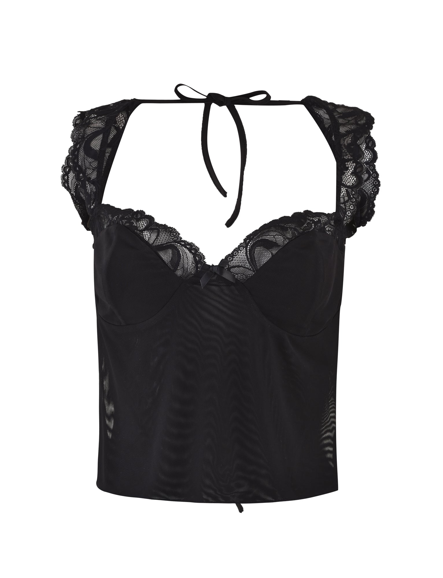 Introducing the NYOMI TOP - BLACK by TIGERMIST: This elegant sleeveless top boasts intricate lace detailing on the shoulders and neckline. It features a charming bow tie at the neck, structured cups, and a sheer lace panel to enhance its feminine allure.