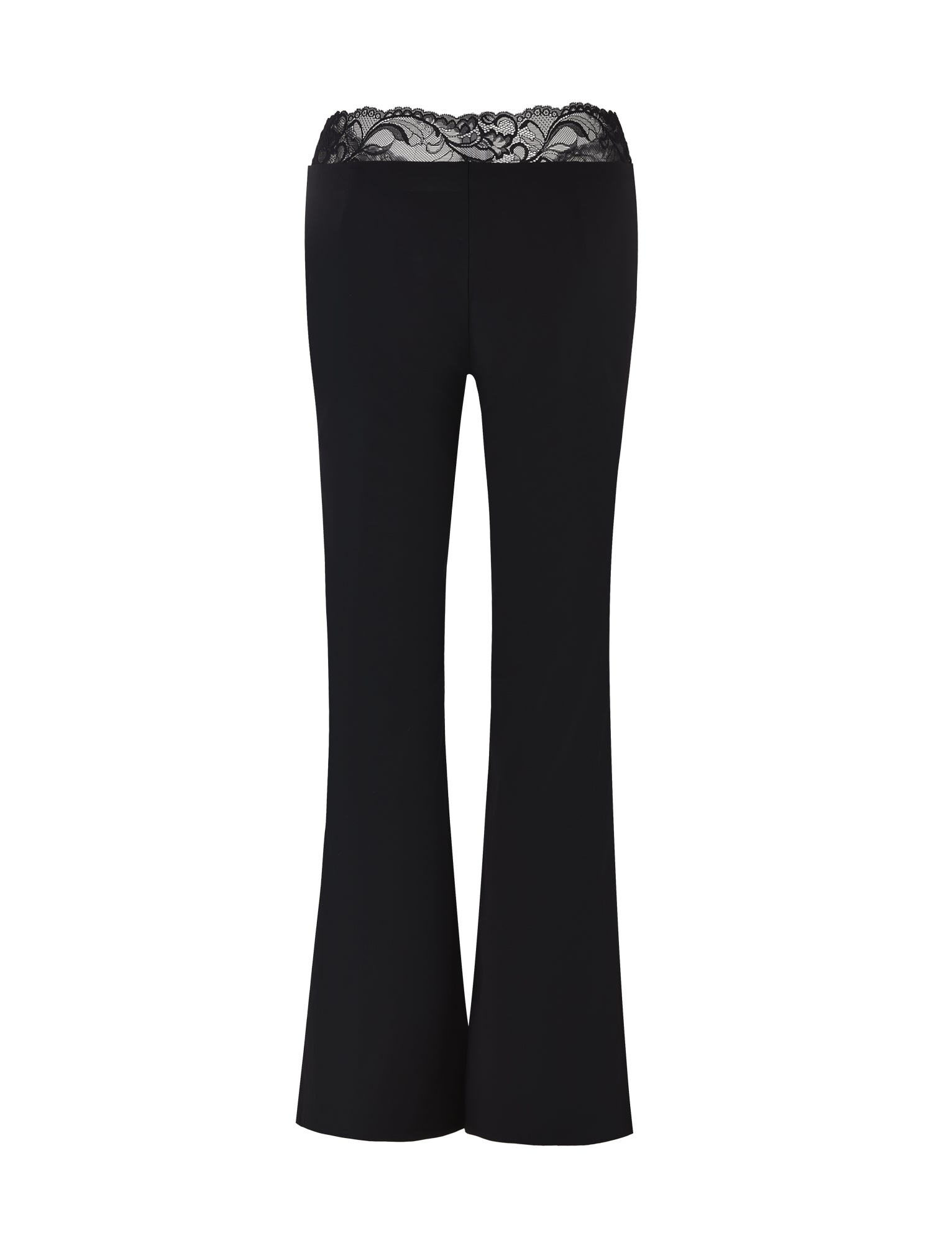 The NYOMI PANT - BLACK by TIGERMIST features black, high-waisted flares made from a high-stretch fabric, with delicate lace trimming at the waistband, showcased against a plain white background.