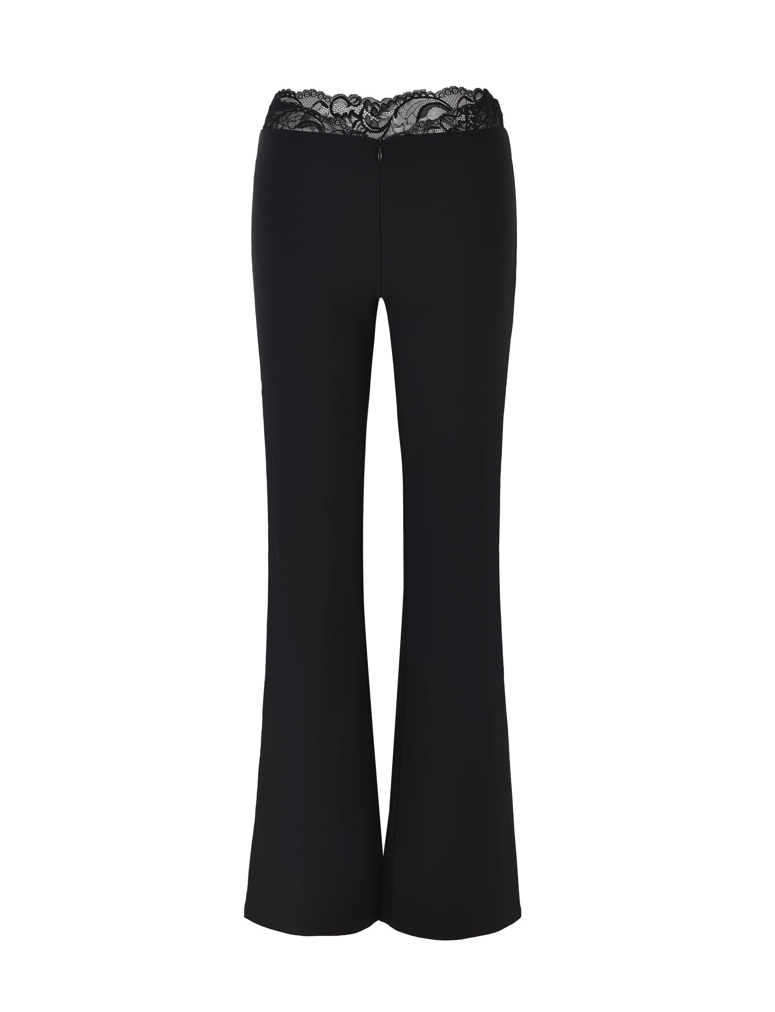 NYOMI PANT - BLACK by TIGERMIST, featuring flared legs and a lace-trimmed waistband, made from high stretch fabric, displayed on a white background.