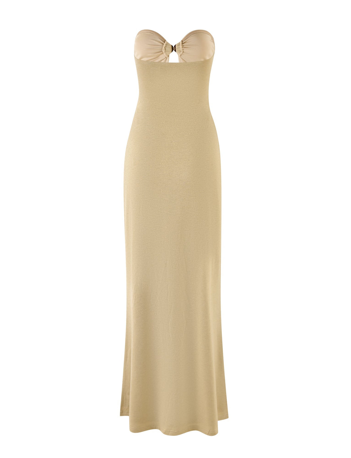Introducing the CECILY MAXI DRESS – GOLD by TIGERMIST: This stunning strapless dress showcases a floor-length design in an elegant gold hue. It features a fitted bodice with a slight flare at the bottom, complemented by a keyhole cutout near the neckline tied with a small knot. Its smooth and lightweight fabric enhances its sophisticated appeal.