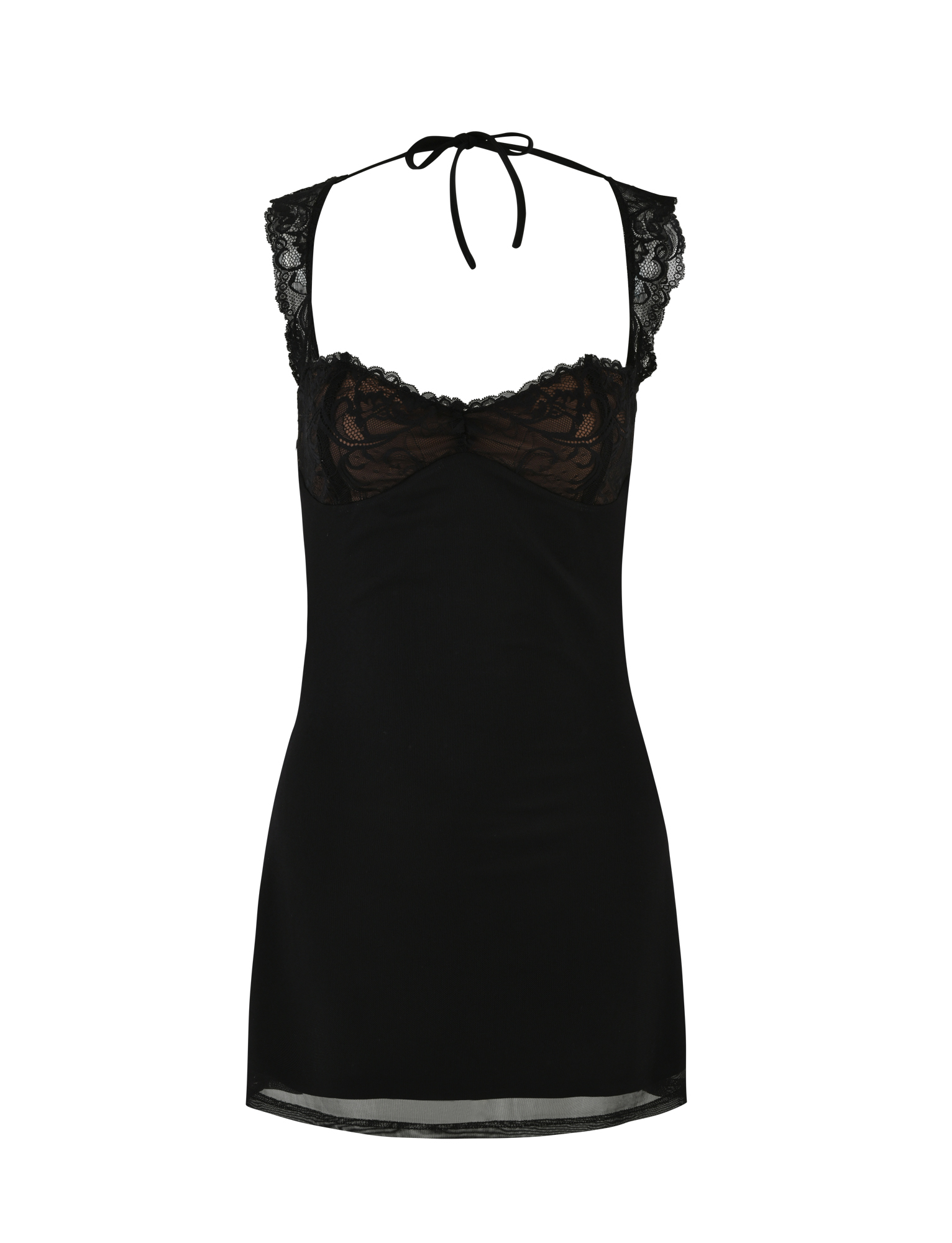 The NYOMI MINI DRESS - BLACK by TIGERMIST is a sleeveless black lace mini dress with lace-trimmed cups, lace straps, halter neck tie, and an elegant open back, displayed on a white background.