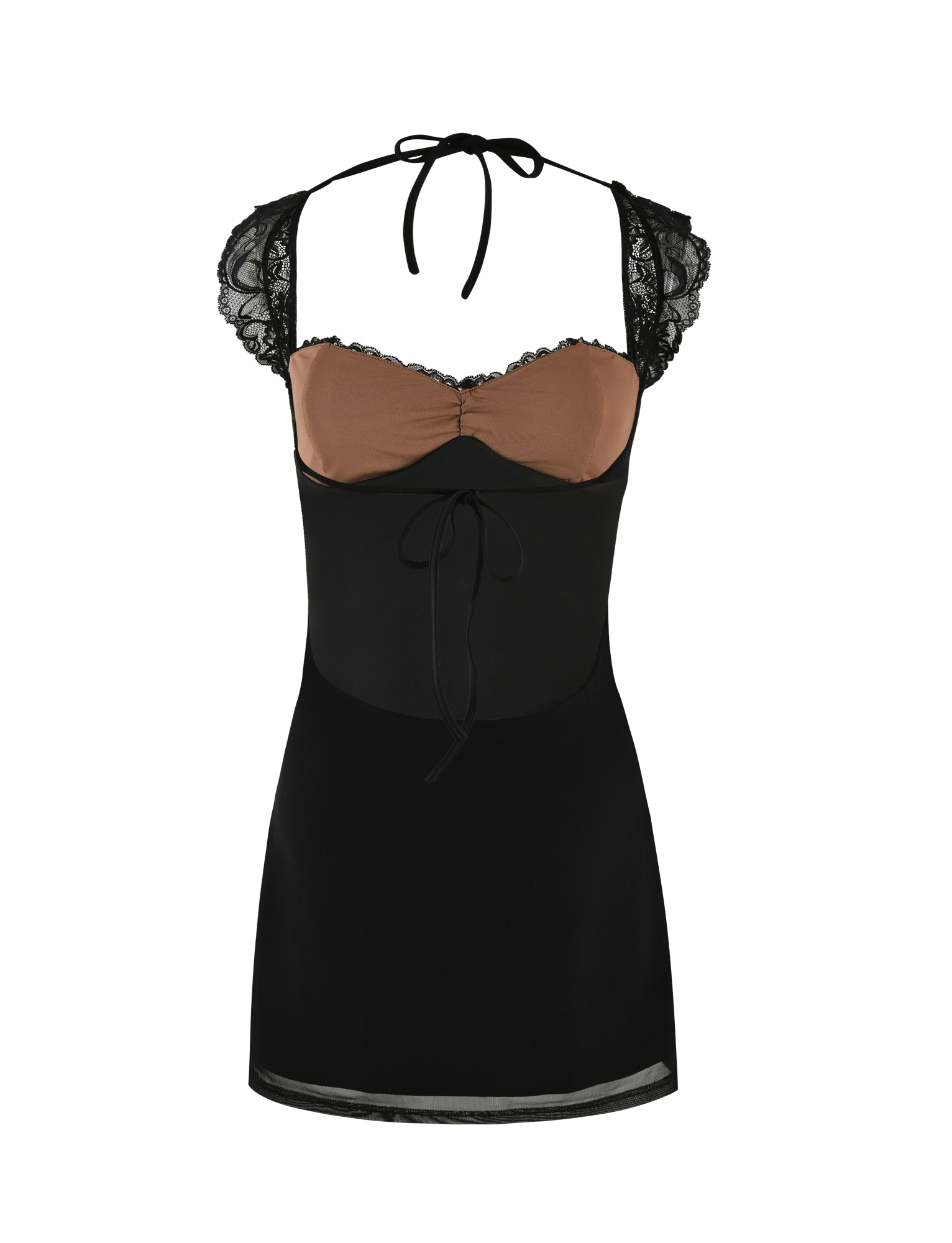 The NYOMI MINI DRESS by TIGERMIST features black lace, cap sleeves, a brown bust with tie detail, halter neck strap, fitted waist, open back, and a short hemline for a chic and flattering silhouette.