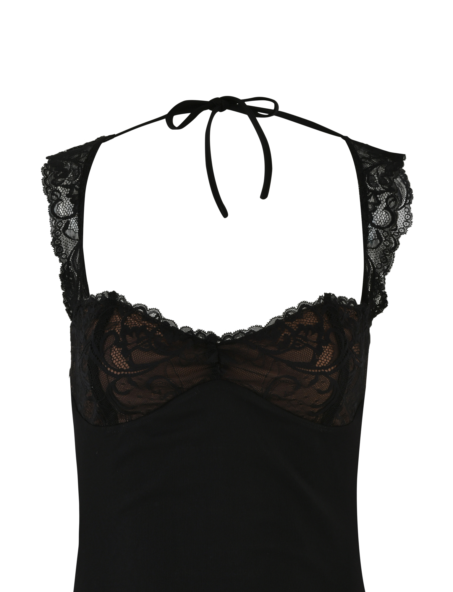 The NYOMI MINI DRESS - BLACK by TIGERMIST features sheer lace cups, lace shoulder straps, a thin halter tie neckline, and a solid black bodice for an elegant look.