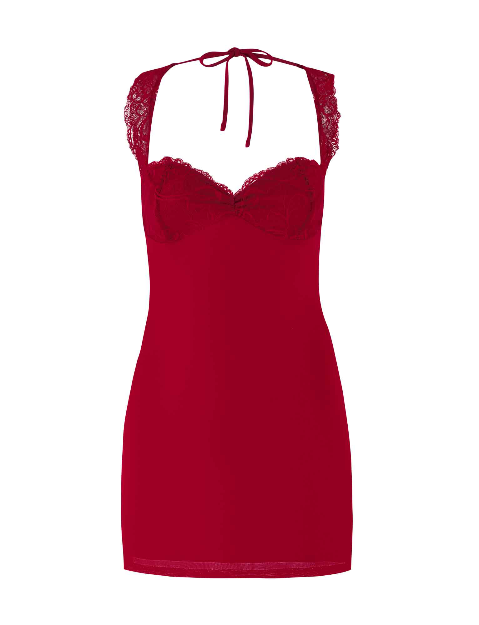 The NYOMI MINI DRESS - RED by TIGERMIST features a lace bust panel, lace-trimmed straps, a fitted bodice, and an open back with a tie closure at the neck.