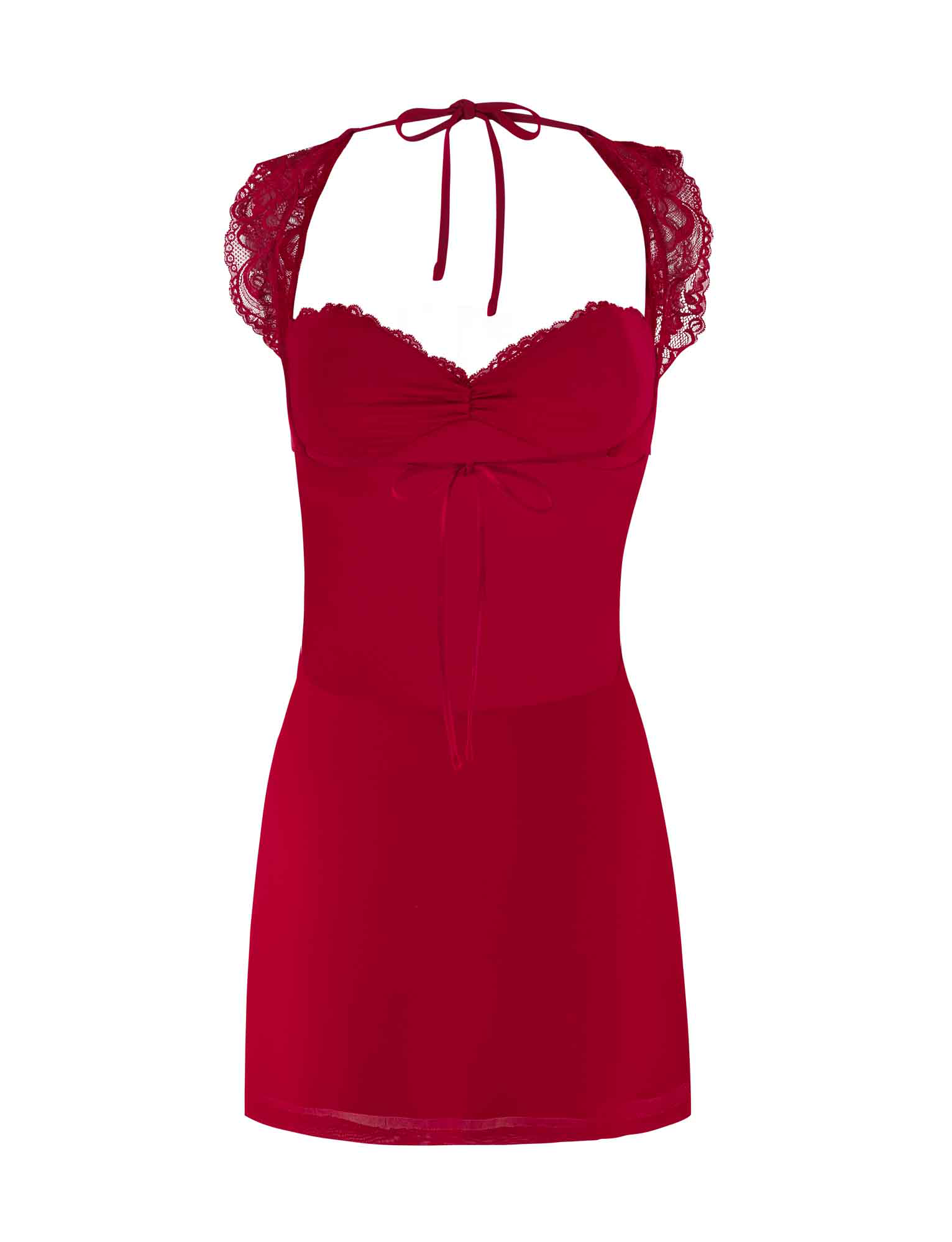 The TIGERMIST NYOMI MINI DRESS - RED features a lace-trimmed halter neck, fitted bodice, sheer skirt, delicate lace bust panel with a central bow, and an alluring open back.