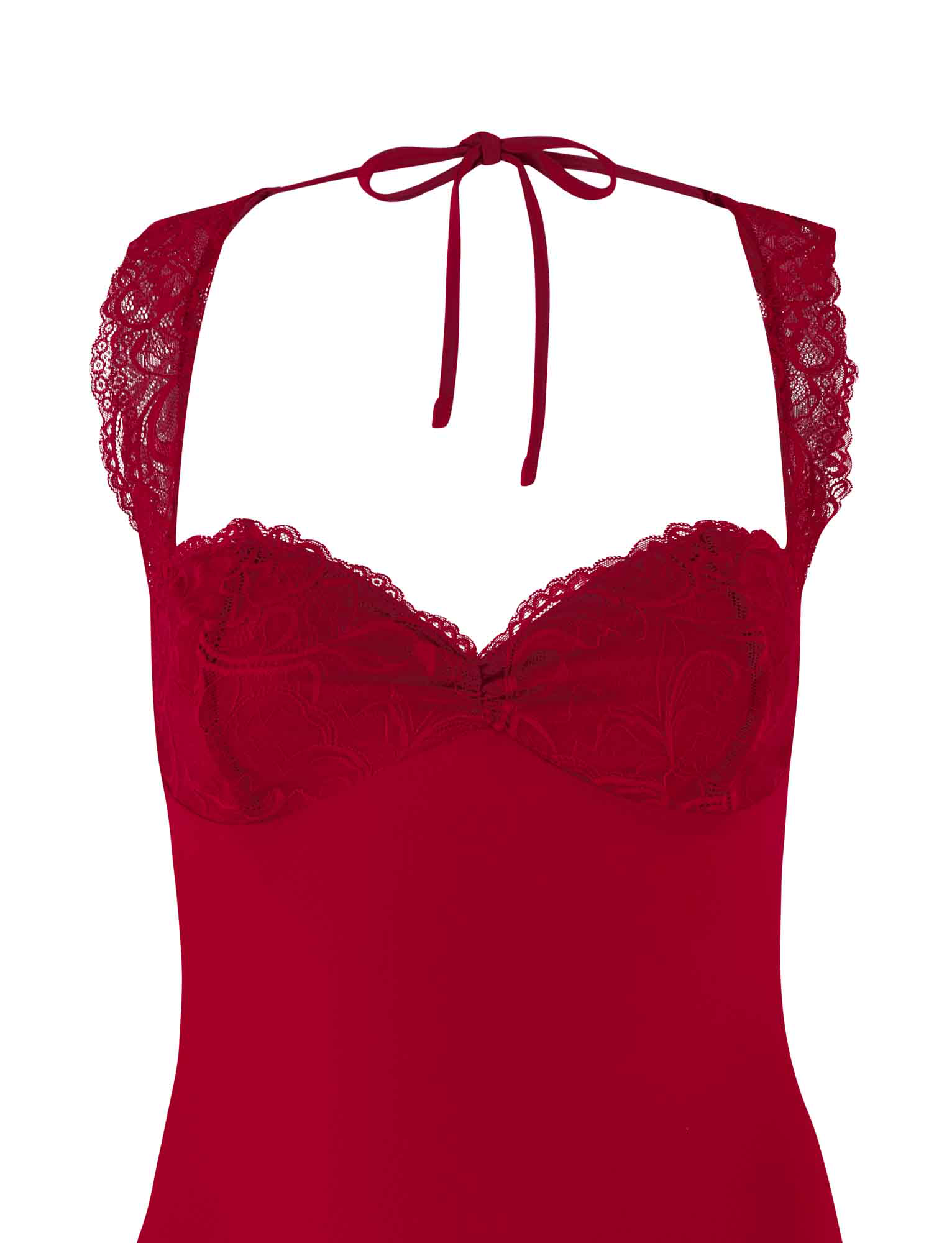 A close-up of the NYOMI MINI DRESS - RED by TIGERMIST showcases lace trim, lace bust panel, delicate shoulder straps, a thin neck tie, and an elegant open back design.