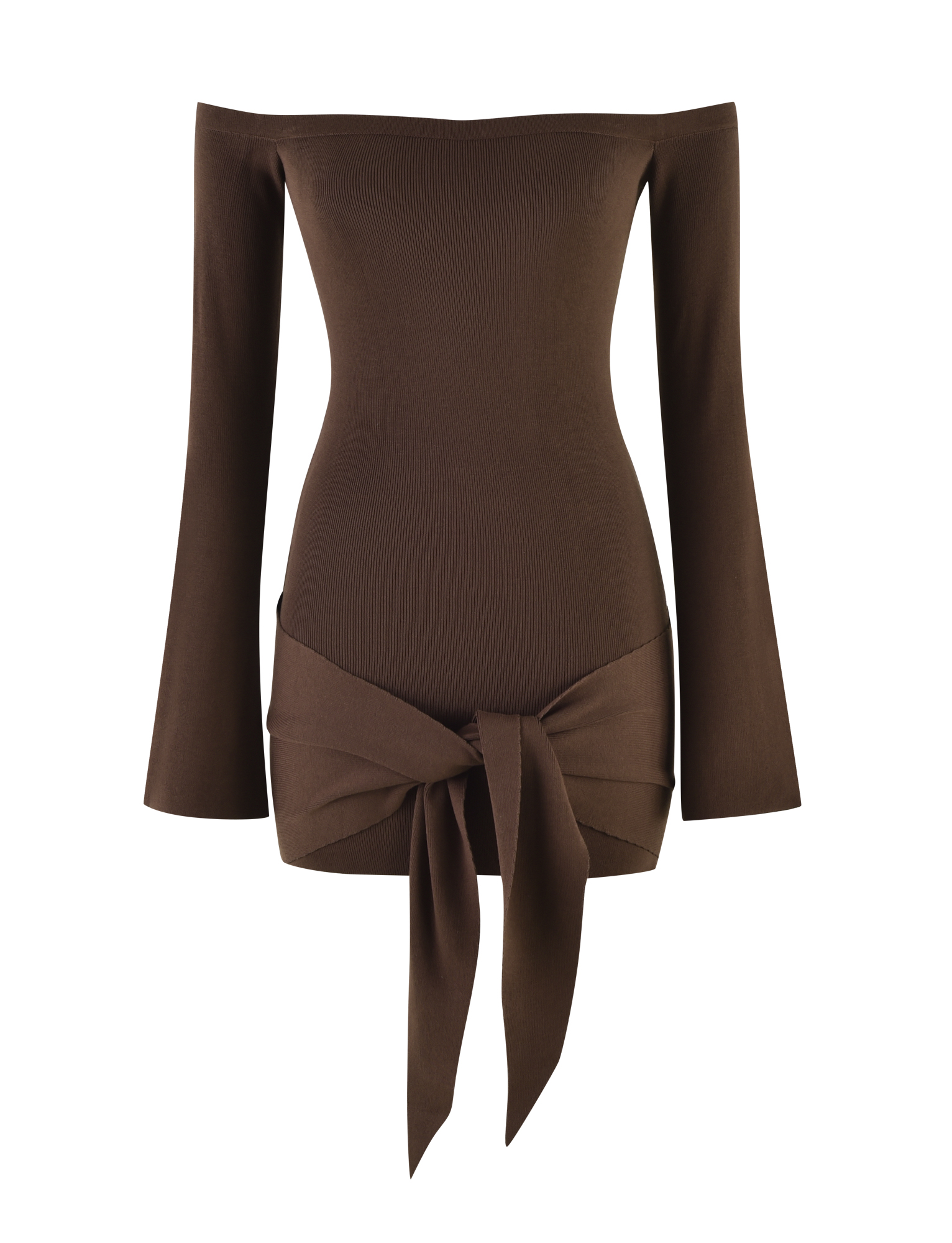 The TIGERMIST CYPRESS MINI DRESS in chocolate brown features an off-the-shoulder, bodycon fit with ribbed texture, flared sleeves, and a standout front tie detail at the waist.