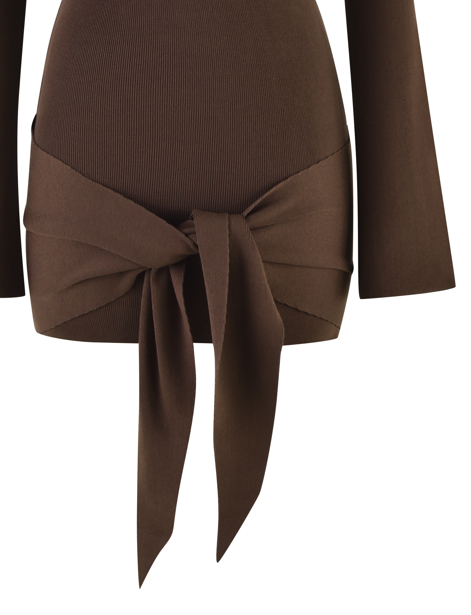 A close-up of the TIGERMIST CYPRESS MINI DRESS in chocolate brown, featuring ribbed fabric and a large waist tie styled in a front bow.
