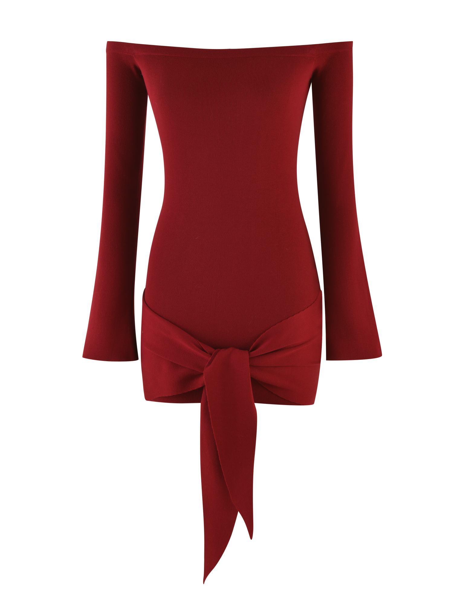 The TIGERMIST CYPRESS MINI DRESS - RED : WINE is a fitted, off-shoulder, long-sleeve dress with a wide sash knotted at the waist, shown beautifully against a plain white background.