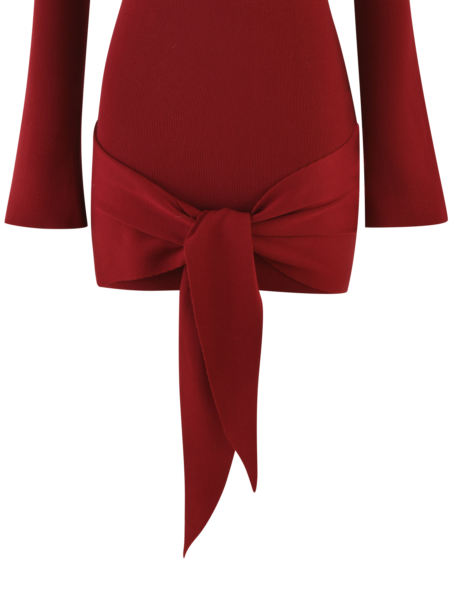 A close-up of the TIGERMIST CYPRESS MINI DRESS - RED : WINE, featuring a wide front waist tie and a smooth, bodycon fit that highlights the waist and hips.