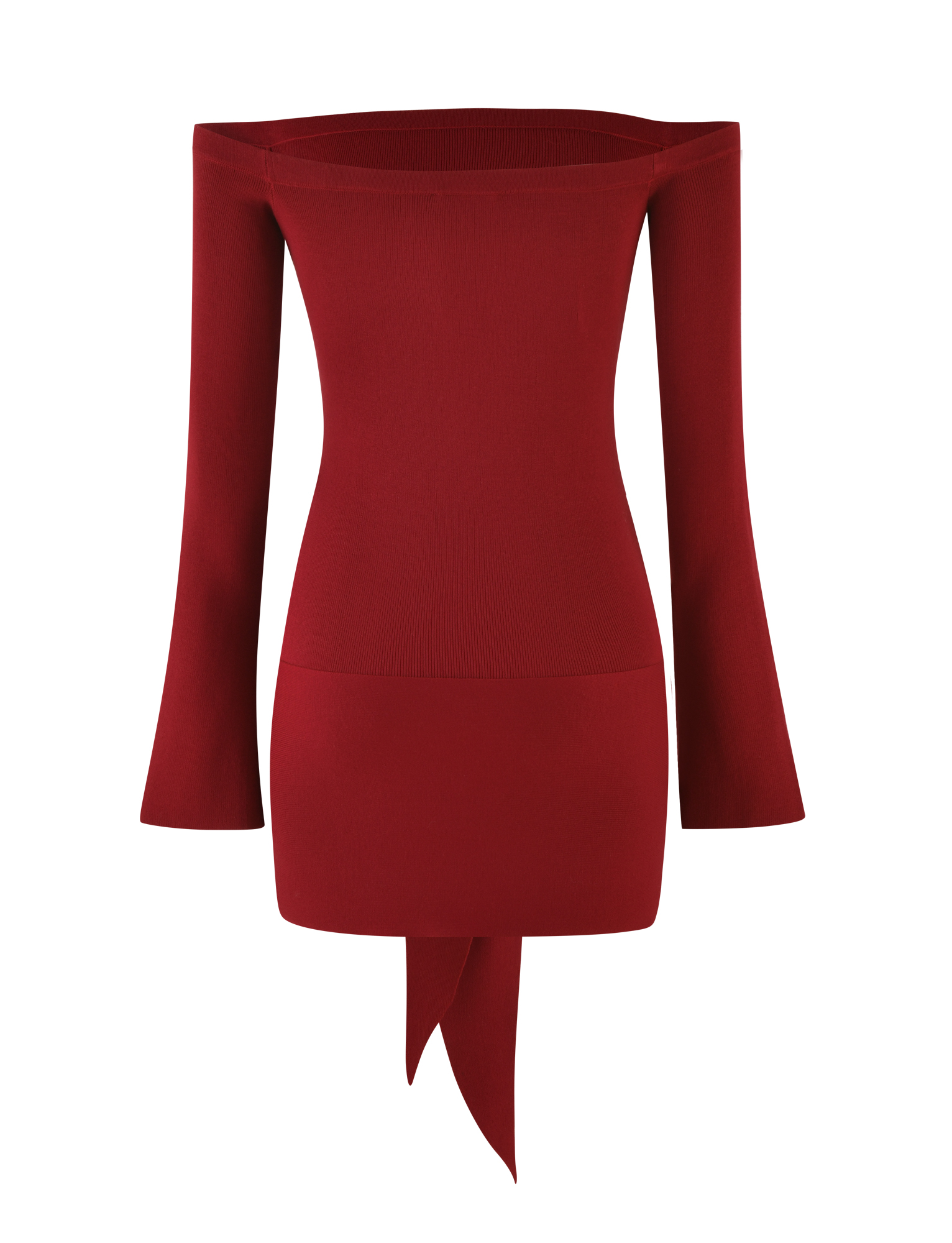 The CYPRESS MINI DRESS - RED : WINE by TIGERMIST features a bodycon fit, long sleeves, an off-the-shoulder neckline, and an asymmetric hem with a pointed draped detail at the center front.