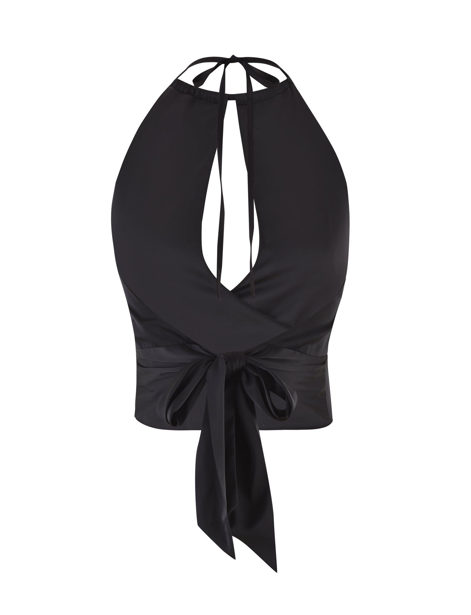 The MONROE TOP - BLACK by TIGERMIST is a sleeveless, black top featuring a deep V-neck and an open back. It ties at the neck and waist with wide ribbons, creating a stylish and elegant look. The halter neckline adds sophistication, while the gathered waistband perfectly accentuates your silhouette.