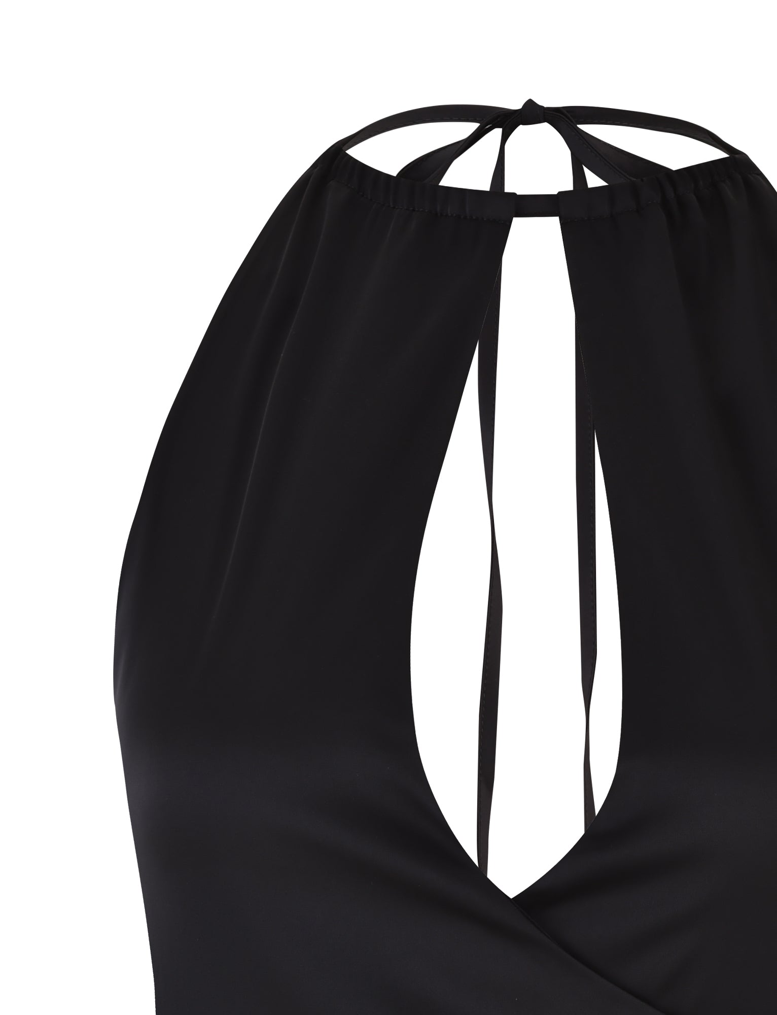 A close-up image showcases the stylish MONROE TOP - BLACK by TIGERMIST, made from smooth fabric. This chic garment features a halter neckline with thin straps tied at the neck and a keyhole cut-out design in the front, revealing some skin. The gathered waistband adds an elegant touch to this sophisticated piece.