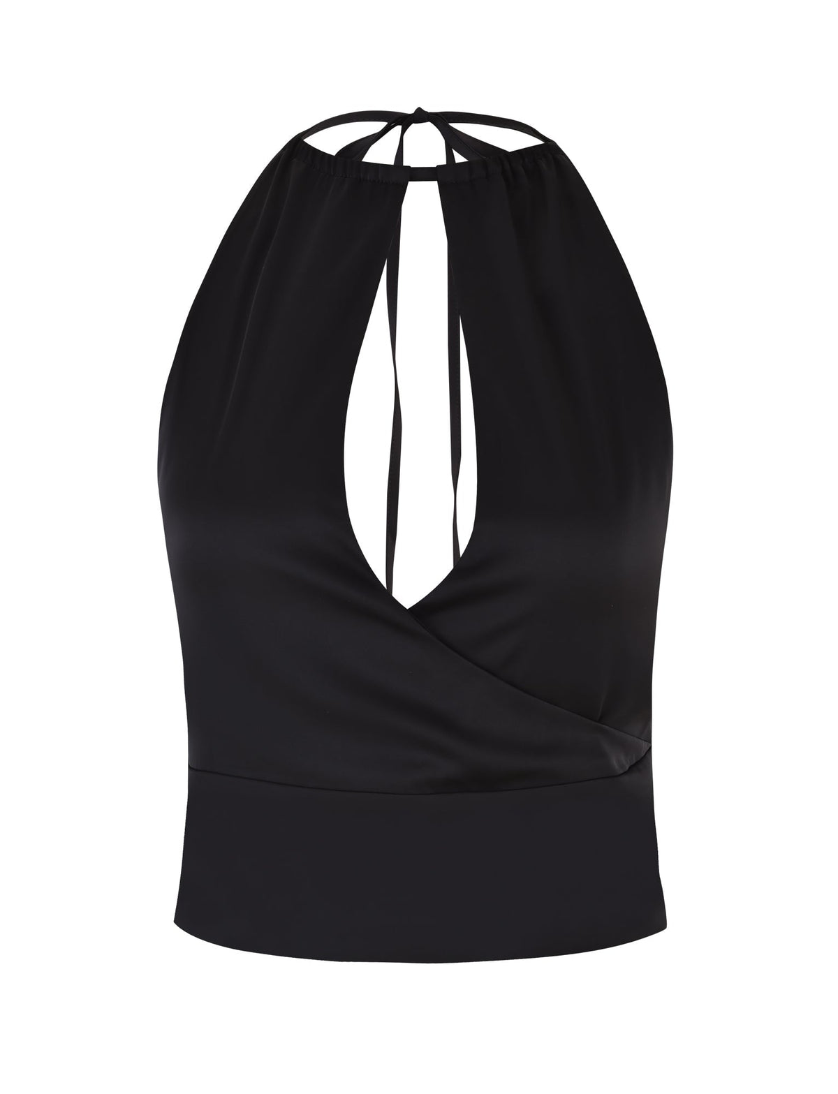 Introducing the MONROE TOP - BLACK by TIGERMIST, a sleeveless halter top featuring a deep V-neck design and a chic tie closure at the back. With its smooth texture, wrap front detail at the waist, and gathered waistband, this exquisite piece exudes an elegant and stylish appearance.
