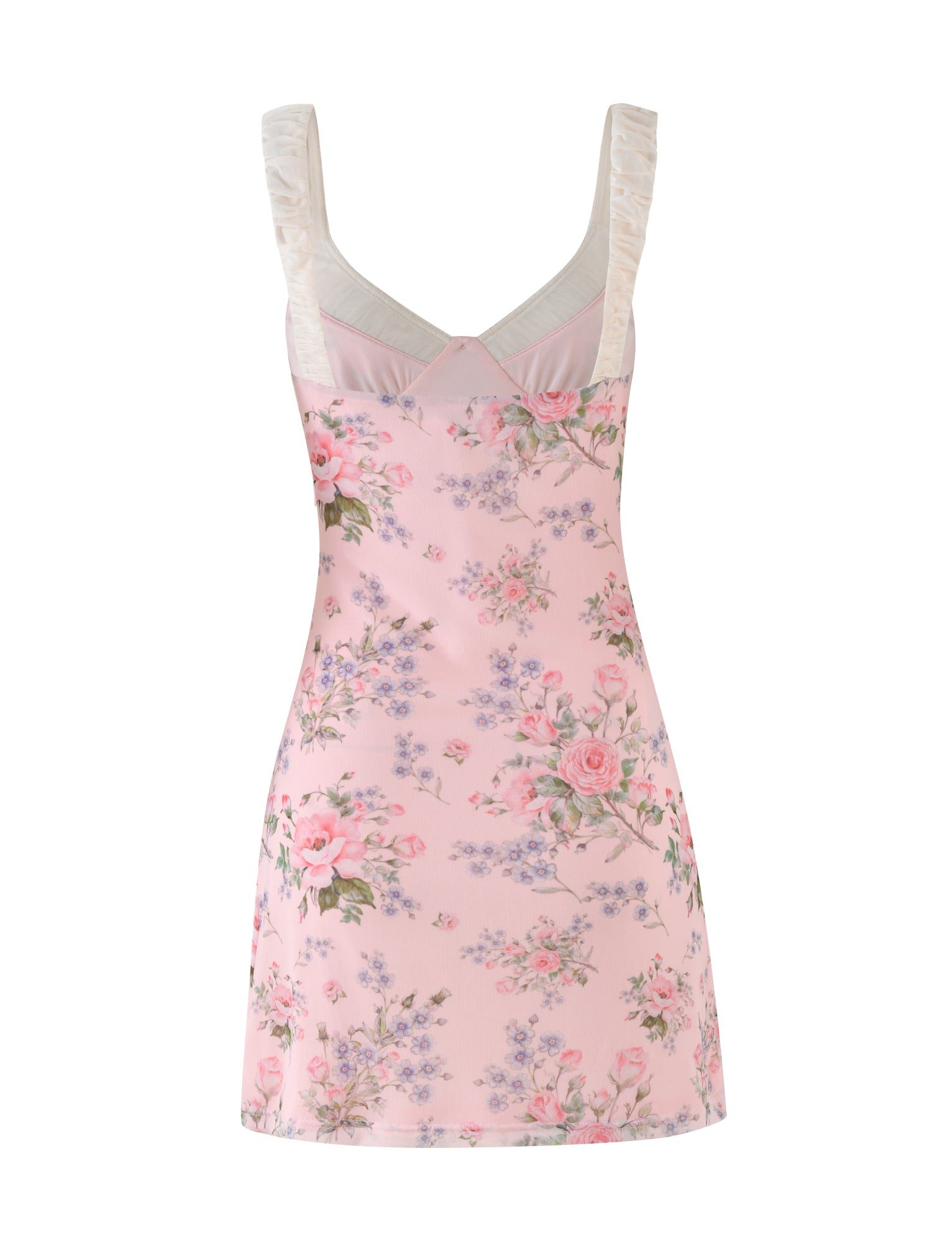 Introducing the AMARAN MINI DRESS - PINK : FLORAL : WILD FLOWER by TIGERMIST: a sleeveless pink floral dress adorned with ruffled straps. This bustier-style piece showcases an enchanting pattern of roses in shades of pink, purple, and green. The bodice features a light overlay and V-shaped neckline for an elegant touch.