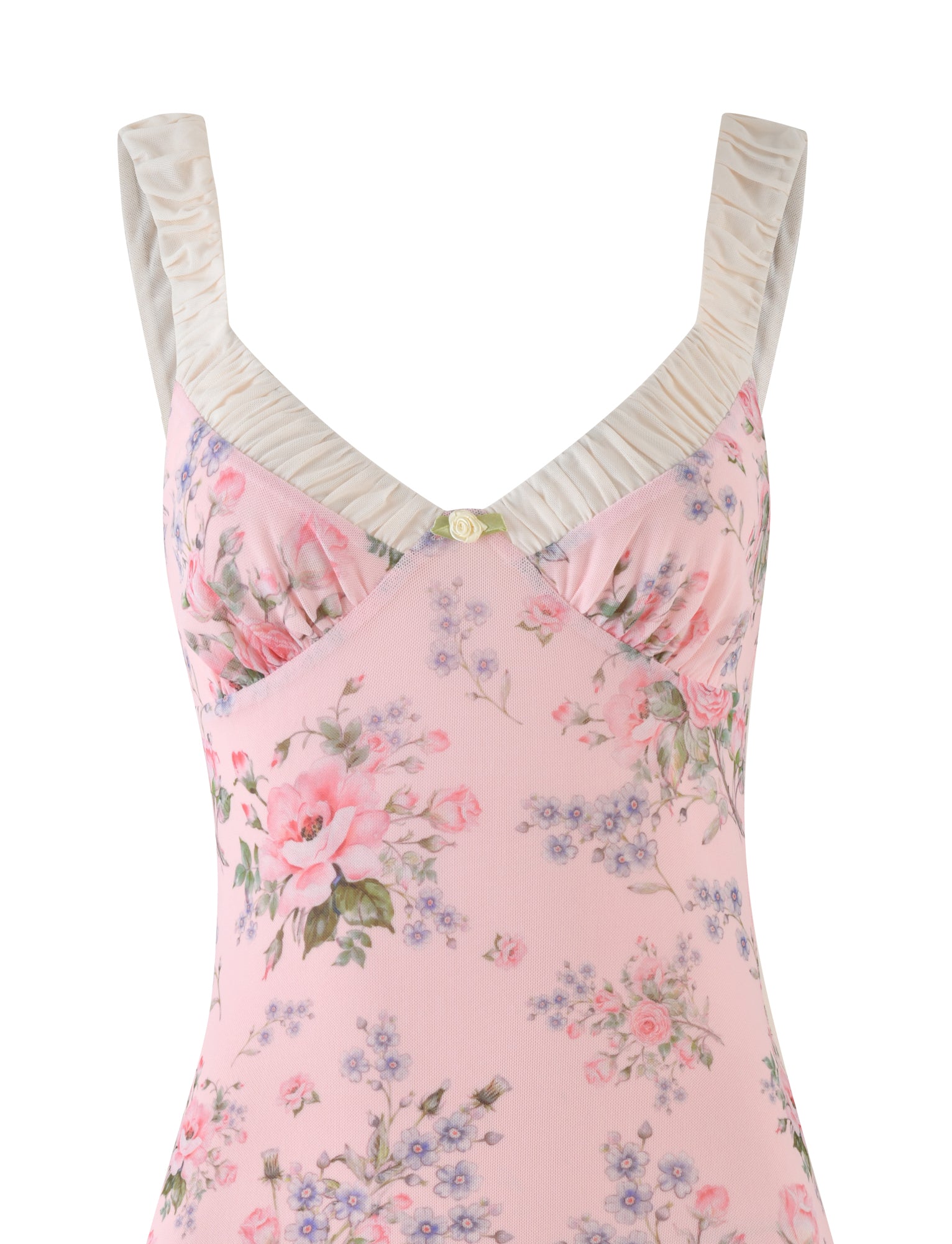 The AMARAN MINI DRESS - PINK : FLORAL : WILD FLOWER by TIGERMIST is a pink floral delight featuring light fabric and delicate flower patterns, adorned with pink and blue blossoms. This bustier-style dress showcases wide shoulder straps with textured ruffle details, offering both elegance and charm.
