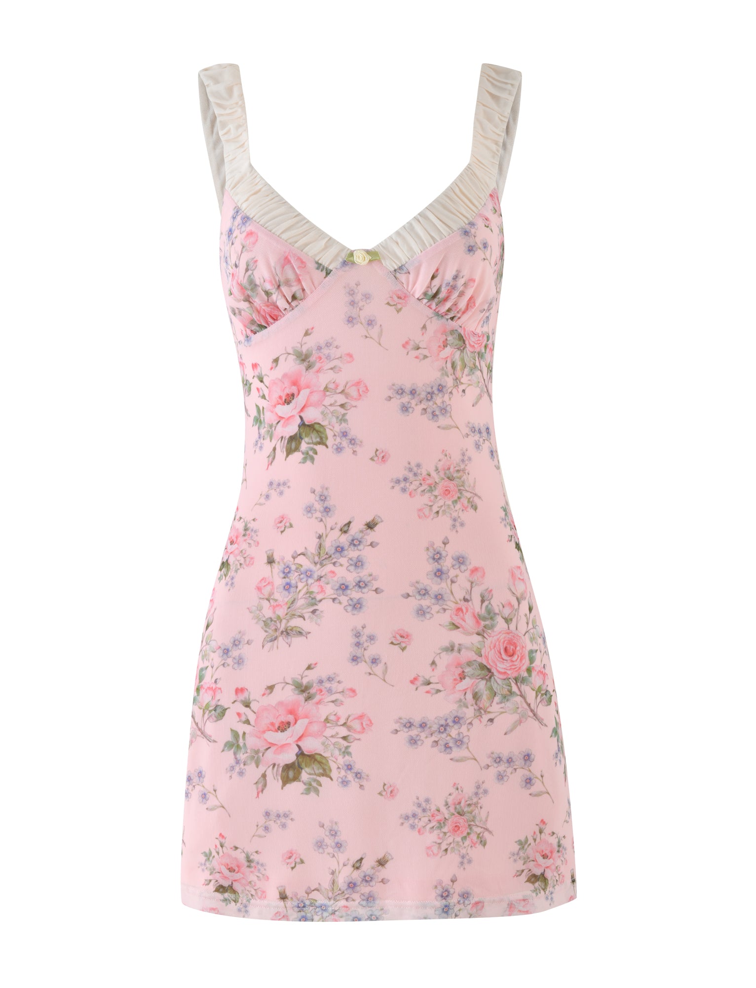 The AMARAN MINI DRESS - PINK : FLORAL : WILD FLOWER by TIGERMIST is a sleeveless pink floral print dress, displaying beautiful roses and small blue flowers. It includes a bustier-style gathered bust with a delicate decorative button and delightful white ruffled straps.