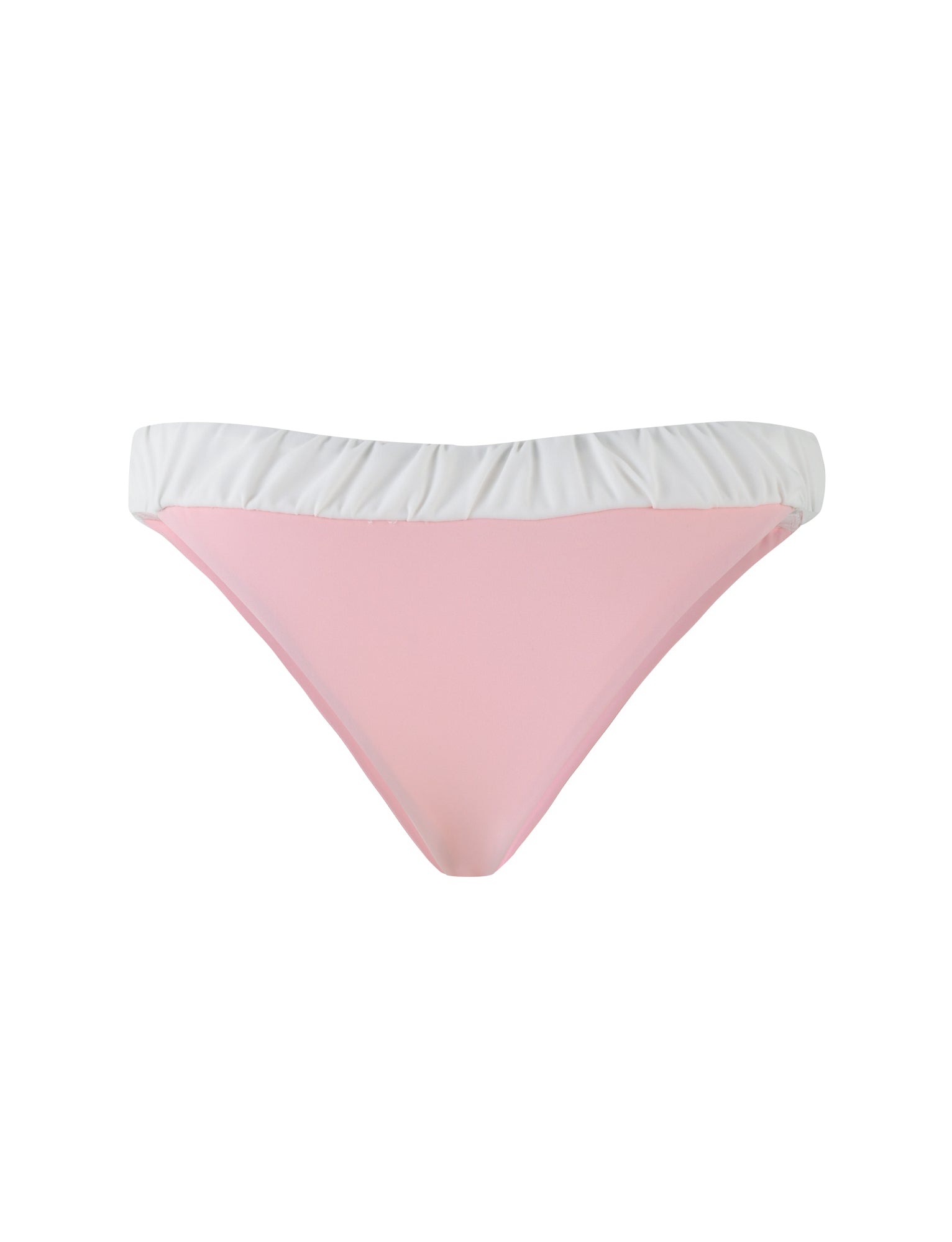 Introducing the TIGERMIST AMARAN BIKINI BOTTOM in PASTEL PINK, featuring a playful design with a light pink front and a contrasting white waistband, beautifully showcased against a white background.