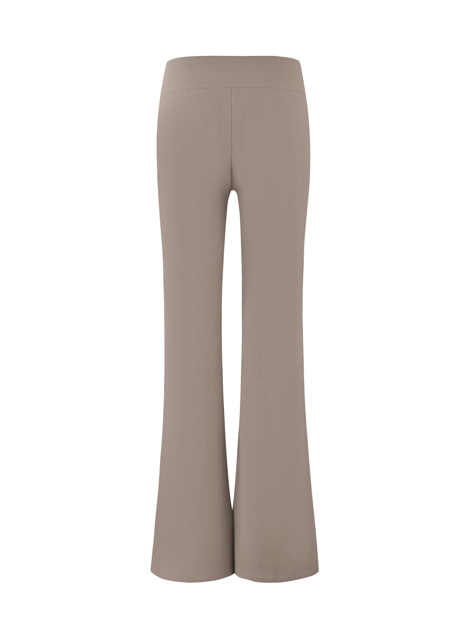 A pair of VESPER PANT - BROWN : TAN from TIGERMIST is shown. The solid tan, high-waisted flare pants have a smooth, seamless design with a wide waistband and a slightly flared leg, tailored for a sleek and stylish fit. The image captures the rear view of the fitted silhouette.