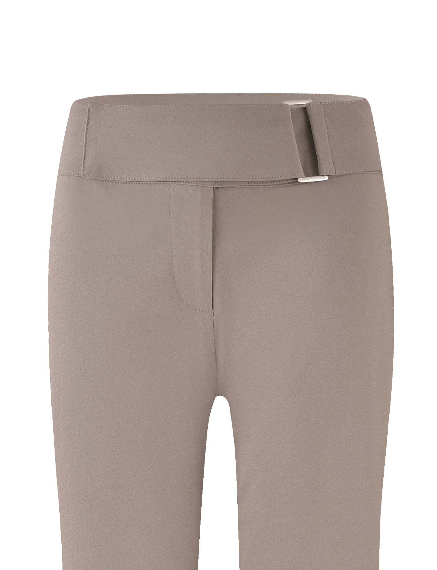 The VESPER PANT - BROWN: TAN by TIGERMIST, featuring a full-length silhouette and a low-rise waist, showcases a solid tan belt with a silver buckle. Displayed against a white background, the pants have visible belt loops, as well as zipper and button closure at the front.