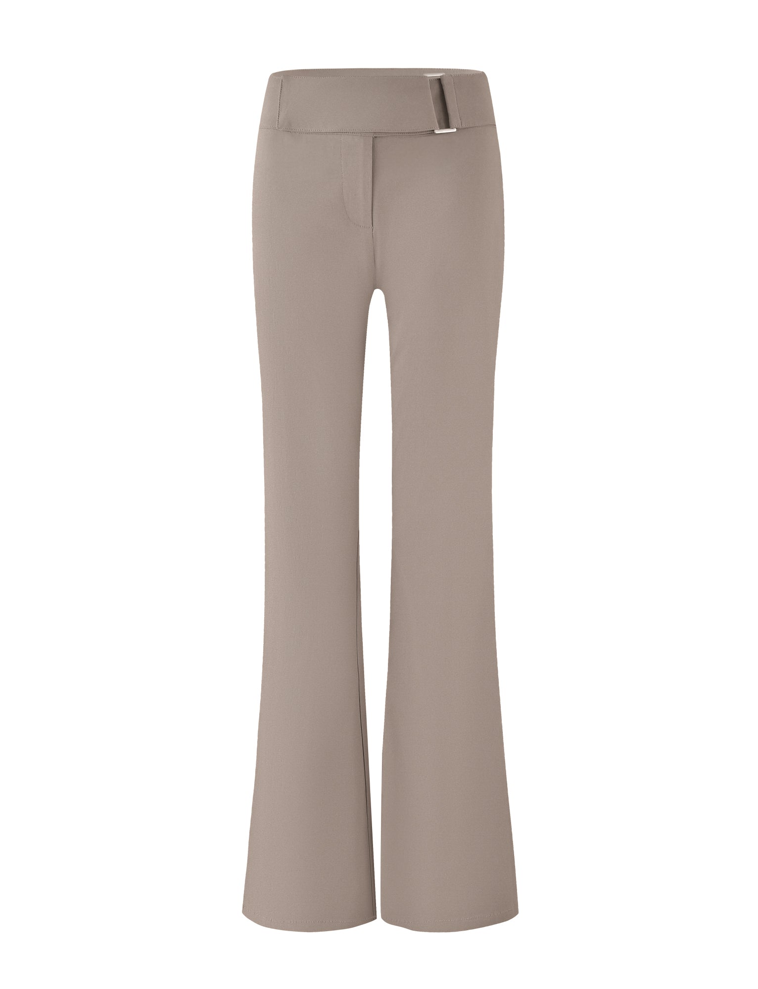 The VESPER PANT - BROWN : TAN by TIGERMIST are high-waisted, flare-leg pants in a solid tan color, featuring a front zipper and a metal buckle detail on the waistband. The smooth, slightly stretchy fabric provides a tailored fit with a full-length silhouette.