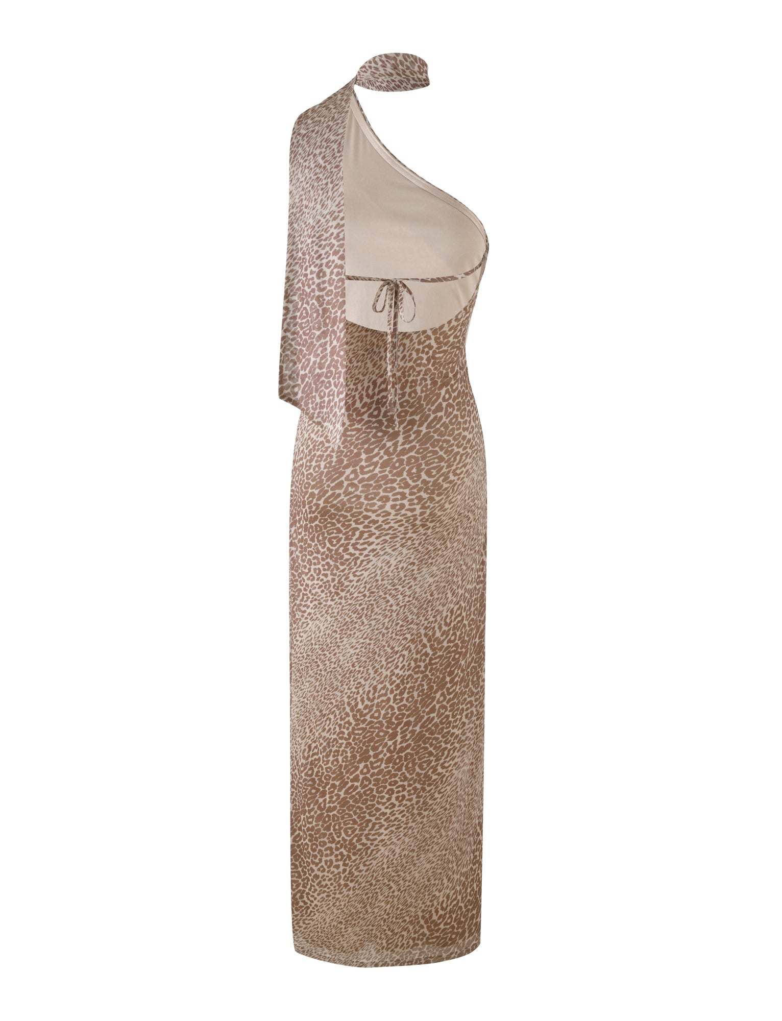Introducing the ALLIRA MAXI DRESS - NEUTRAL : LEOPARD by TIGERMIST: a striking one-shoulder, sleeveless dress featuring a brown and beige leopard print pattern. Made from stretch fabric, it boasts an asymmetrical neckline, a fitted waist with an adjustable tie, and a long hemline for an effortlessly chic appearance.