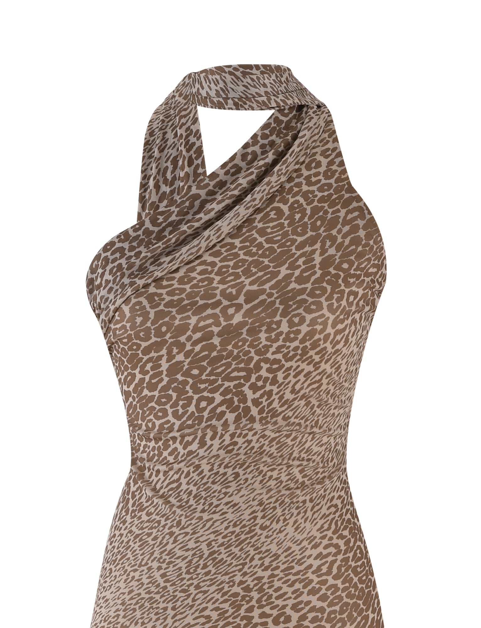 The ALLIRA MAXI DRESS - NEUTRAL : LEOPARD by TIGERMIST displays a captivating brown and beige leopard print with a halter neckline. Crafted from stretch fabric, this sleeveless dress combines comfort and style, making it suitable for any occasion.