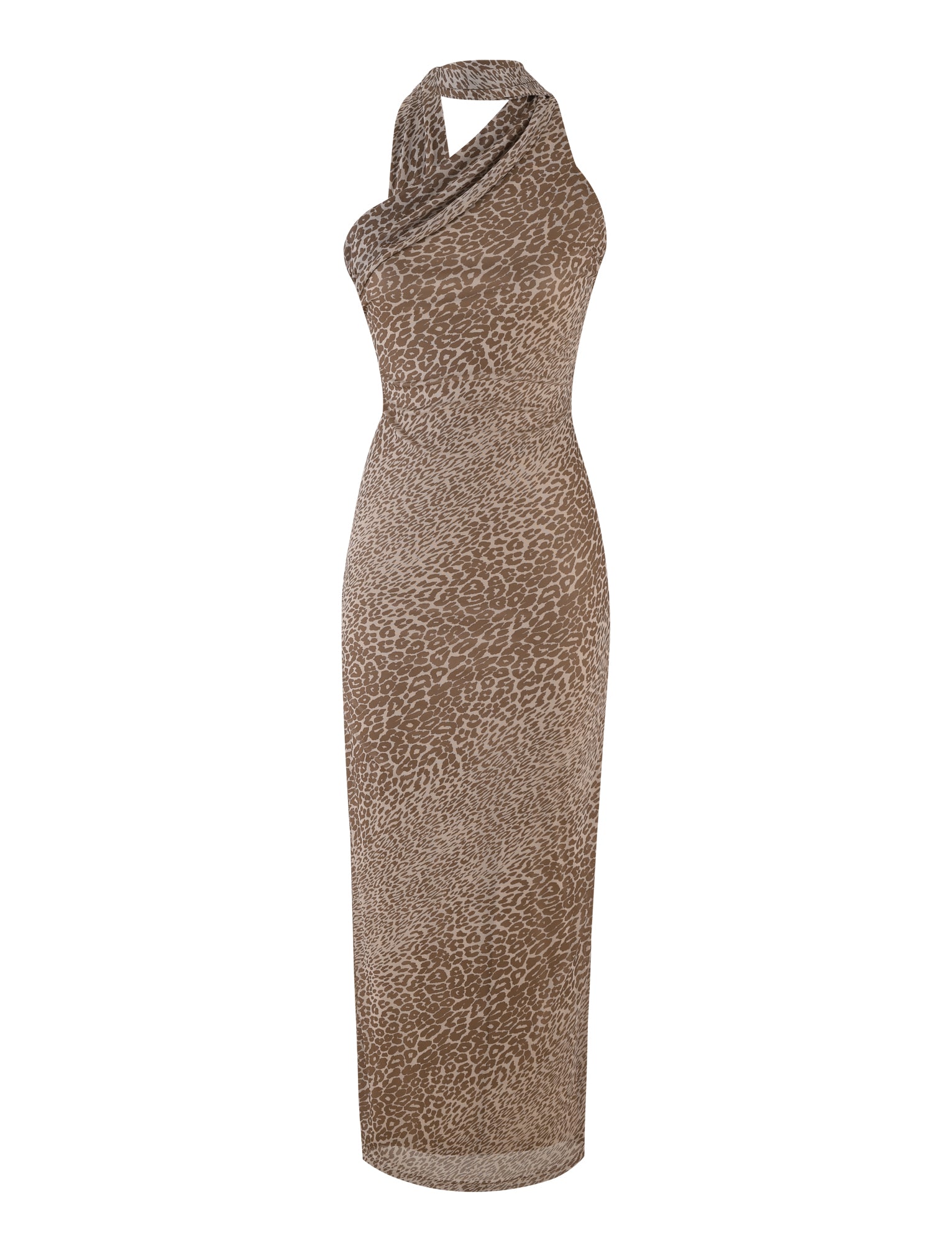 The TIGERMIST Allira Maxi Dress - Neutral: Leopard showcases a sleeveless, halter-neck style with an asymmetrical neckline. Made from stretch fabric in a brown leopard print pattern, this midi-length dress provides a flattering fitted silhouette that stands out against a plain white background.