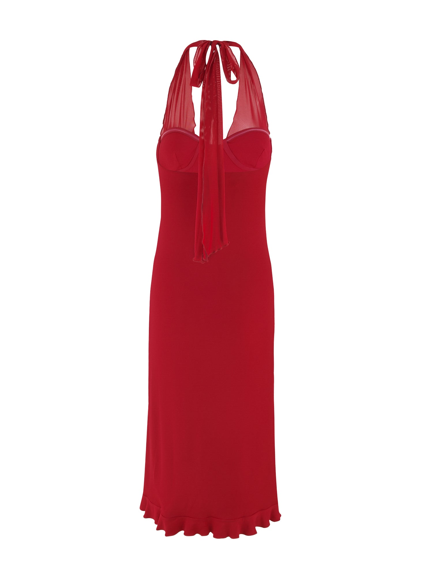 Introducing the GRANGER MIDI DRESS in Cherry Red by TIGERMIST: This sleeveless, halter-neck dress showcases ruffle detailing and a chic mesh fabric tie at the neck. The fitted bodice transitions into a flowing skirt, offering an elegant silhouette.