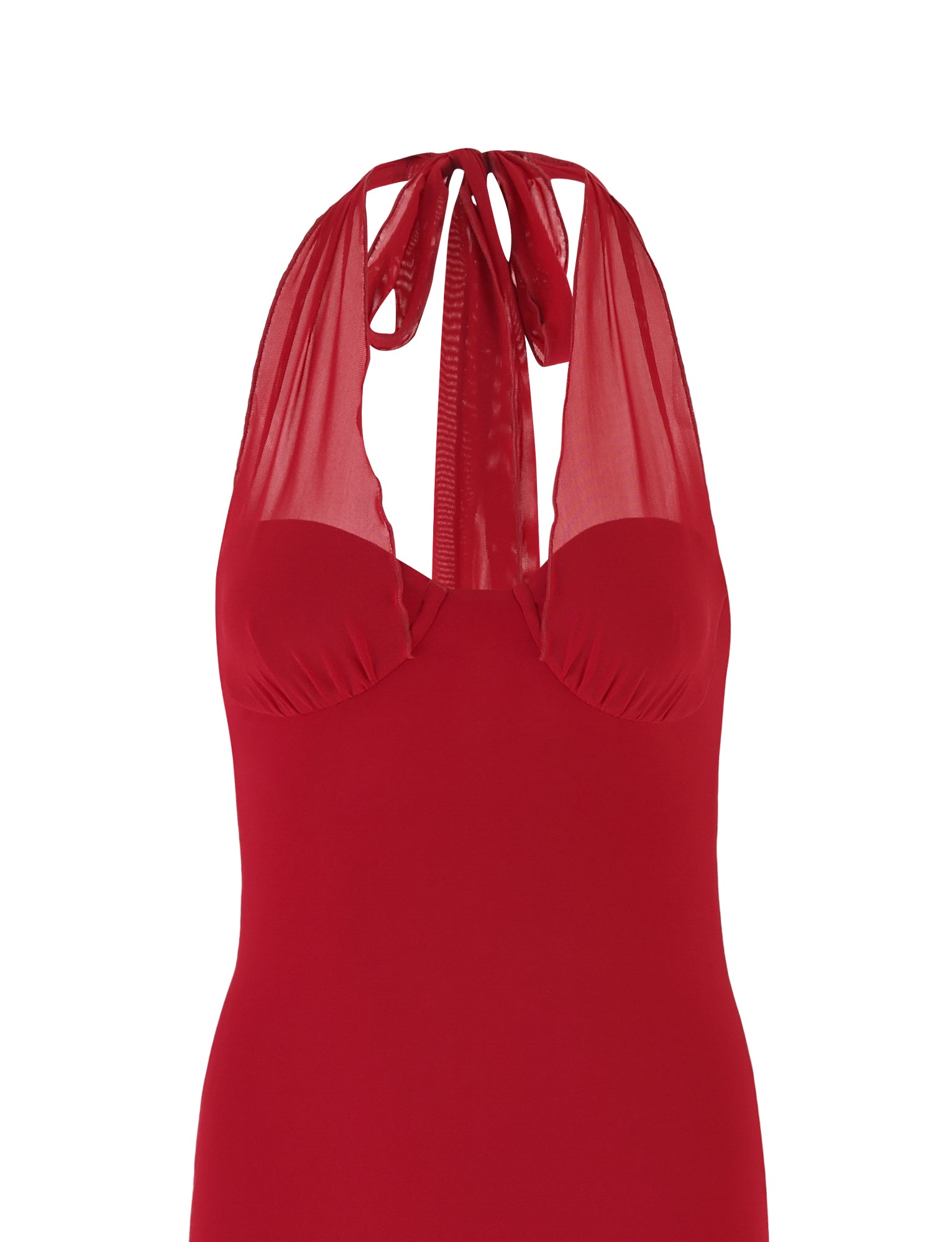 Introducing the GRANGER MIDI DRESS in Cherry Red by TIGERMIST: This elegant ensemble boasts a vibrant cherry red hue and features a halter neckline with a sheer mesh overlay on the bodice. The bow-tied strap at the neck complements its fitted style, adding an extra touch of sophistication.