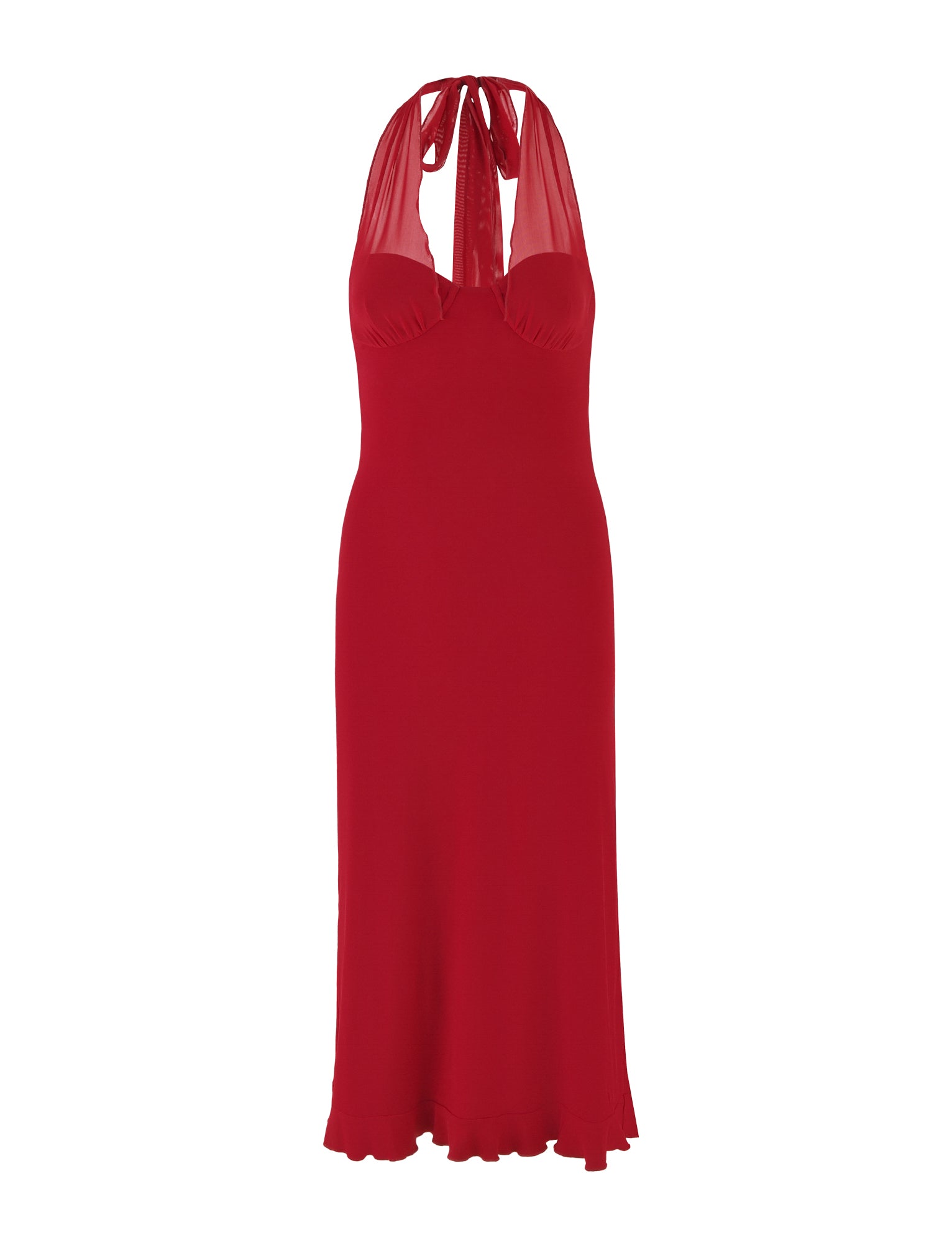 The GRANGER MIDI DRESS in CHERRY RED by TIGERMIST, featuring a sleeveless halter neck design with a fitted bodice, ruffle detail, and flowing skirt, is displayed against a white background.