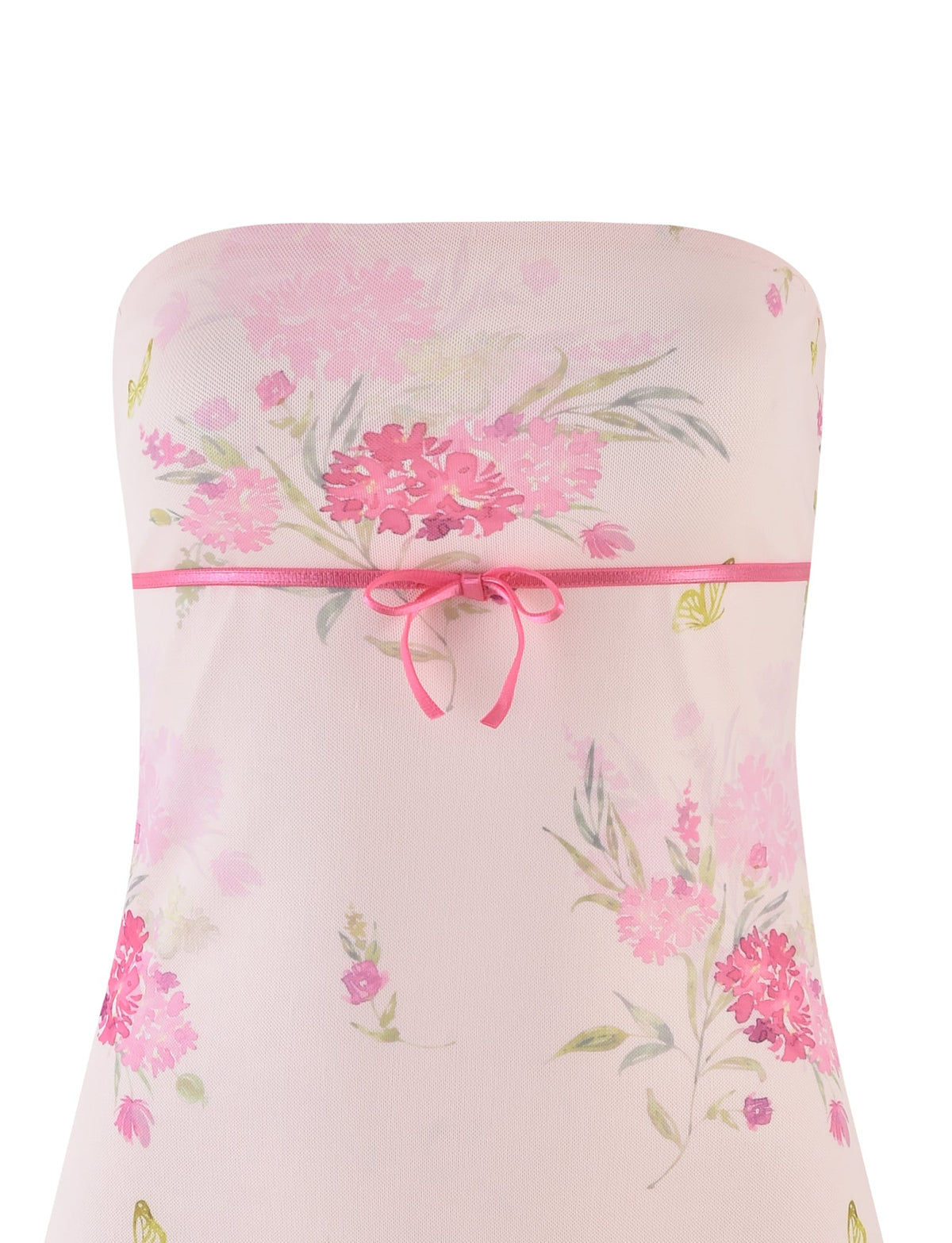 The CARSYN MINI DRESS by TIGERMIST features a watercolor floral print in pink and green. It is designed with a strapless neckline, an asymmetrical hemline, and cinched at the waist with a pink ribbon bow.