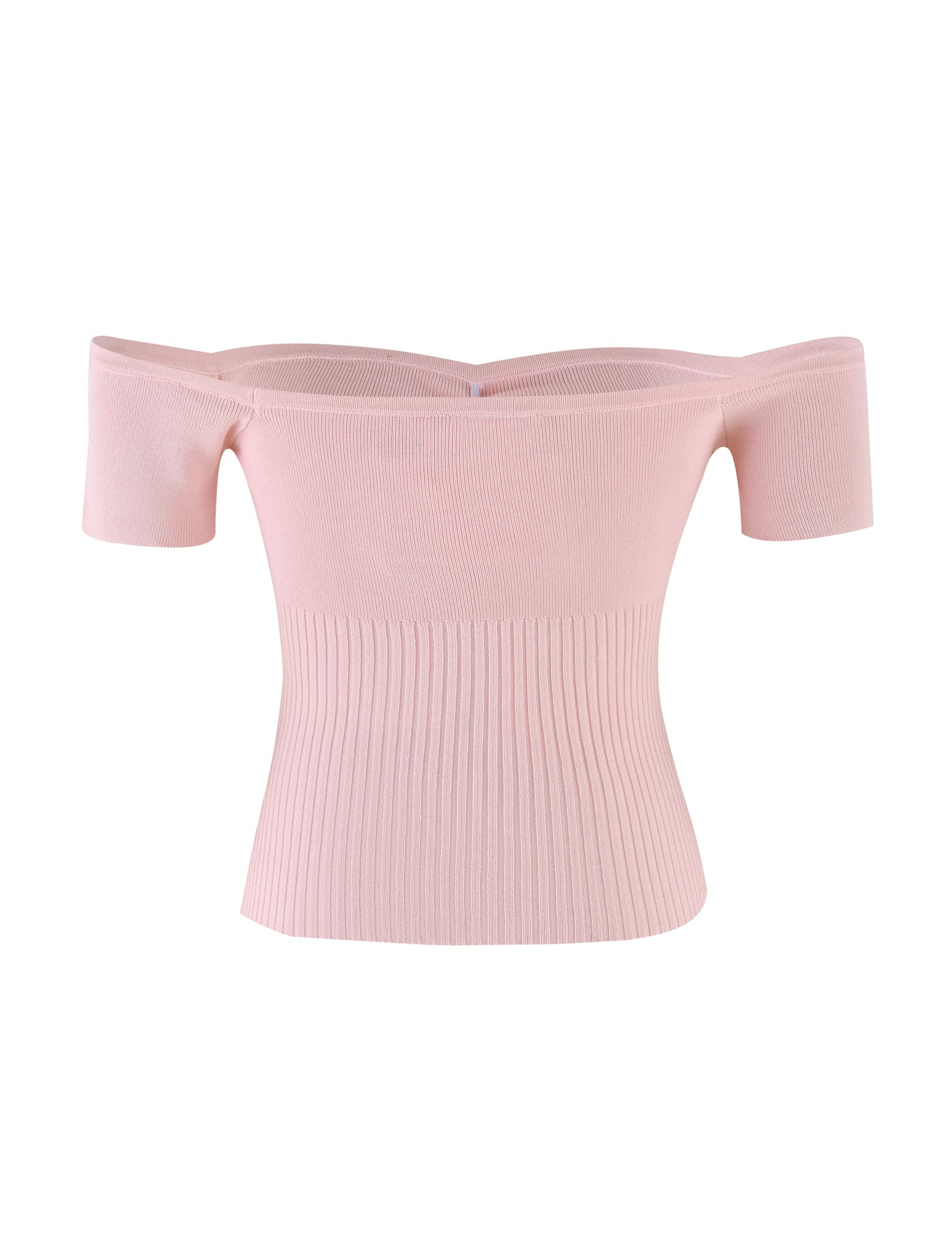 The LILYANNA TOP in Baby Pink by TIGERMIST features an off-the-shoulder design crafted from ribbed knit fabric, complete with short sleeves and a fitted bodice. This stretchy top showcases subtle texture with horizontal lines on the upper portion and vertical ribbing around the waist, offering a simple yet elegant look.