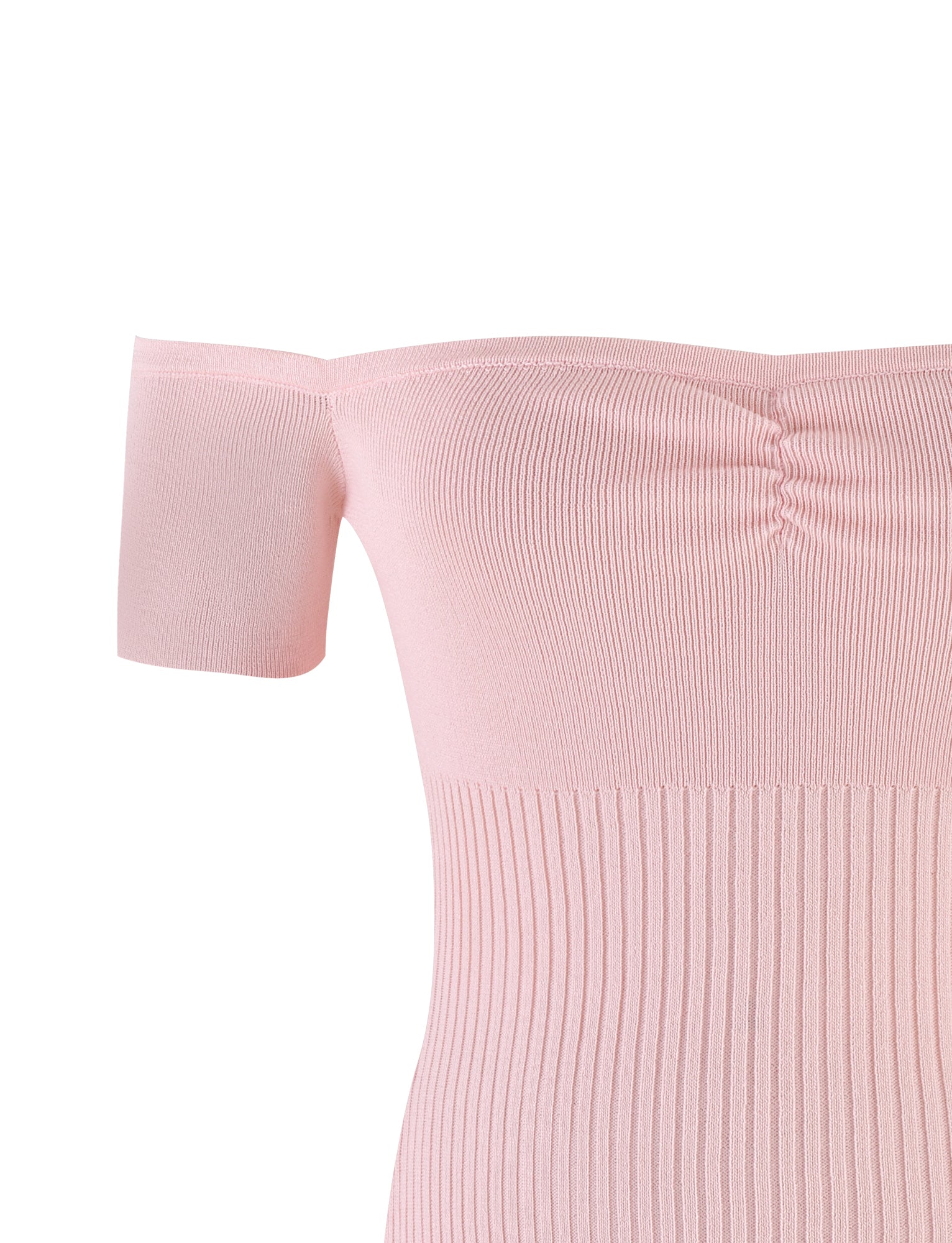 A detailed view of the LILYANNA TOP in baby pink from TIGERMIST highlights its knit construction. The stretchy fabric exhibits a fine ribbing texture and gathered detailing at the top, accompanied by short, fitted sleeves.