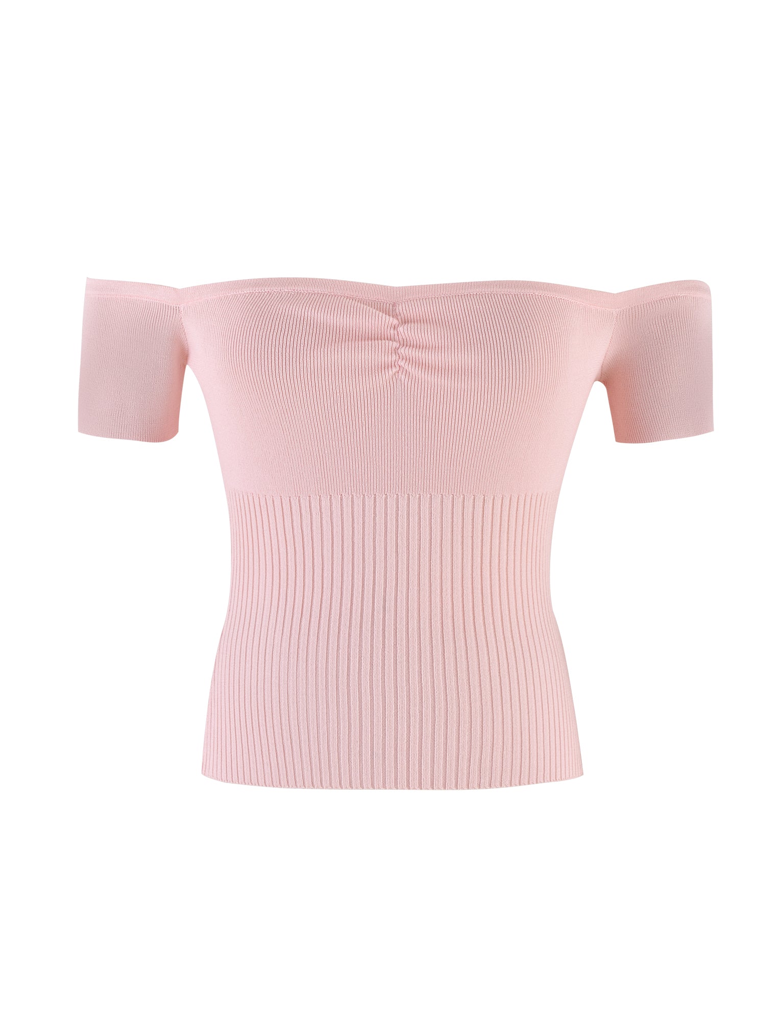 The LILYANNA TOP in Baby Pink by TIGERMIST is a fitted, ribbed, off-the-shoulder top crafted from soft knit fabric. It features short sleeves and has a slightly ruched detail at the bust, offering both comfort and style with its stretchy material.