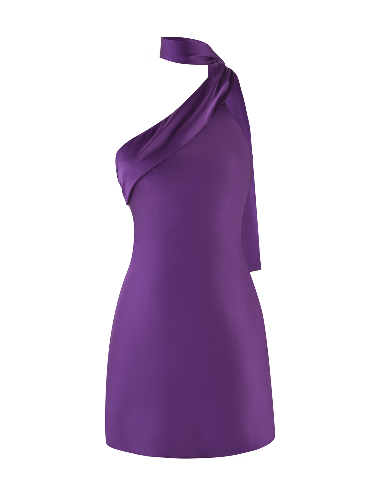 The ALLIRA MINI DRESS 2.0 - PURPLE : LAVENDER by TIGERMIST is a sleeveless, fitted dress in luxe satin with an asymmetric shoulder strap that ties at the neck, offering a smooth finish and modern silhouette in lavender.
