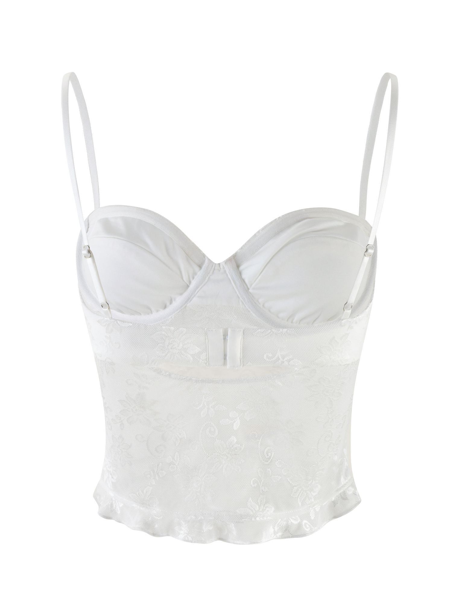 The CHARLEIGH TOP - WHITE : LACE by TIGERMIST is a white satin and lace crop top with adjustable straps, underwire cups, floral lace detailing, and a flared hem for an elegant, delicate look.