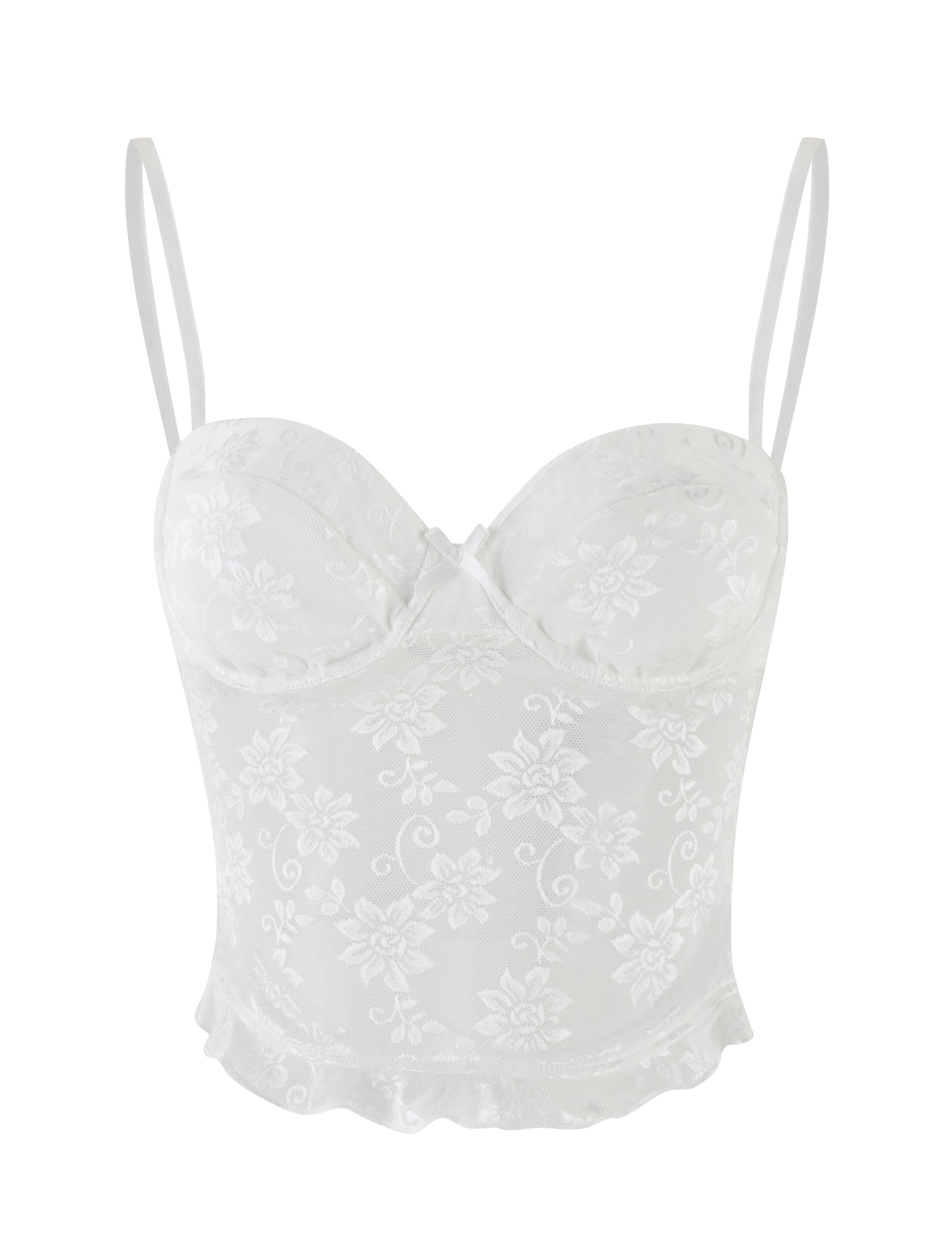 The TIGERMIST CHARLEIGH TOP - WHITE : LACE is a sheer white lace camisole with adjustable straps, floral embroidery, padded cups, and a ruffled hem for a feminine and elegant look.