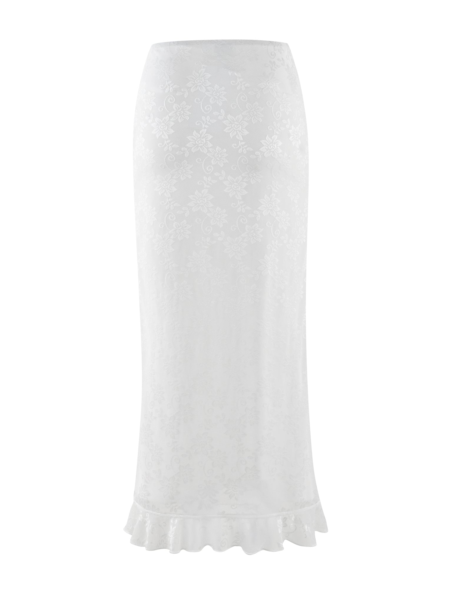 The CHARLEIGH SKIRT - WHITE : LACE by TIGERMIST is a sophisticated white lace skirt adorned with a delicate floral pattern and designed with a low-rise waist, finished elegantly with a ruffled hem.
