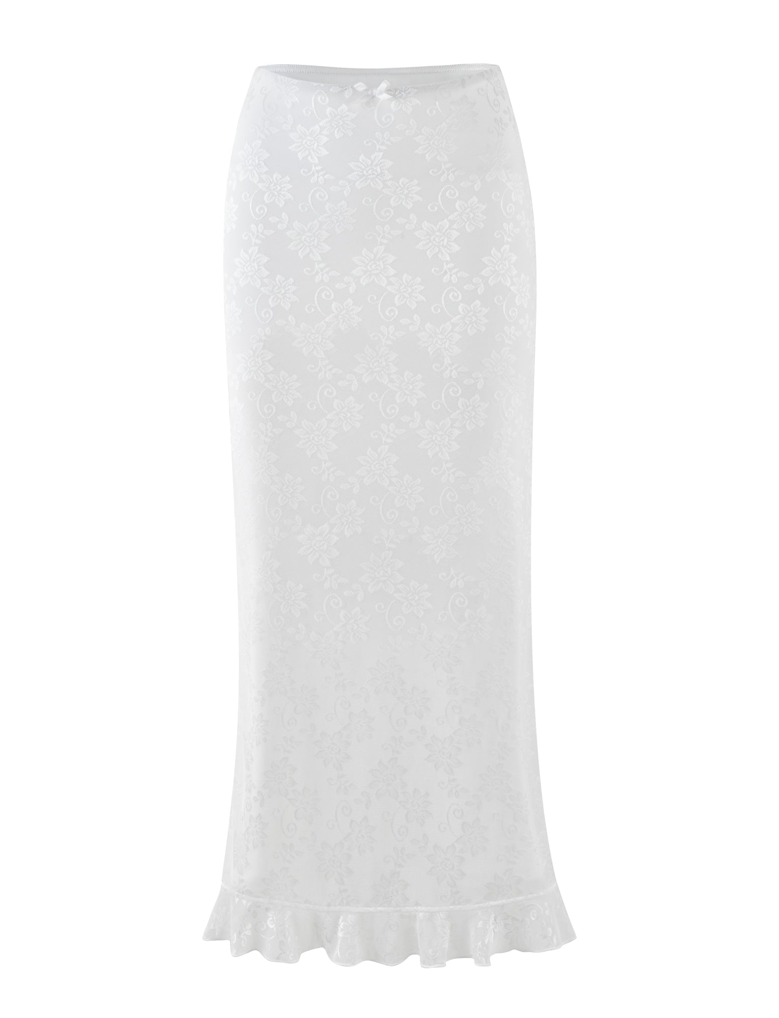 Introducing the CHARLEIGH SKIRT - WHITE : LACE by TIGERMIST: This elegant white lace maxi skirt features an intricate floral pattern, a ruffled hem, and a chic low-rise waist. Its flowy design makes it ideal for formal occasions.