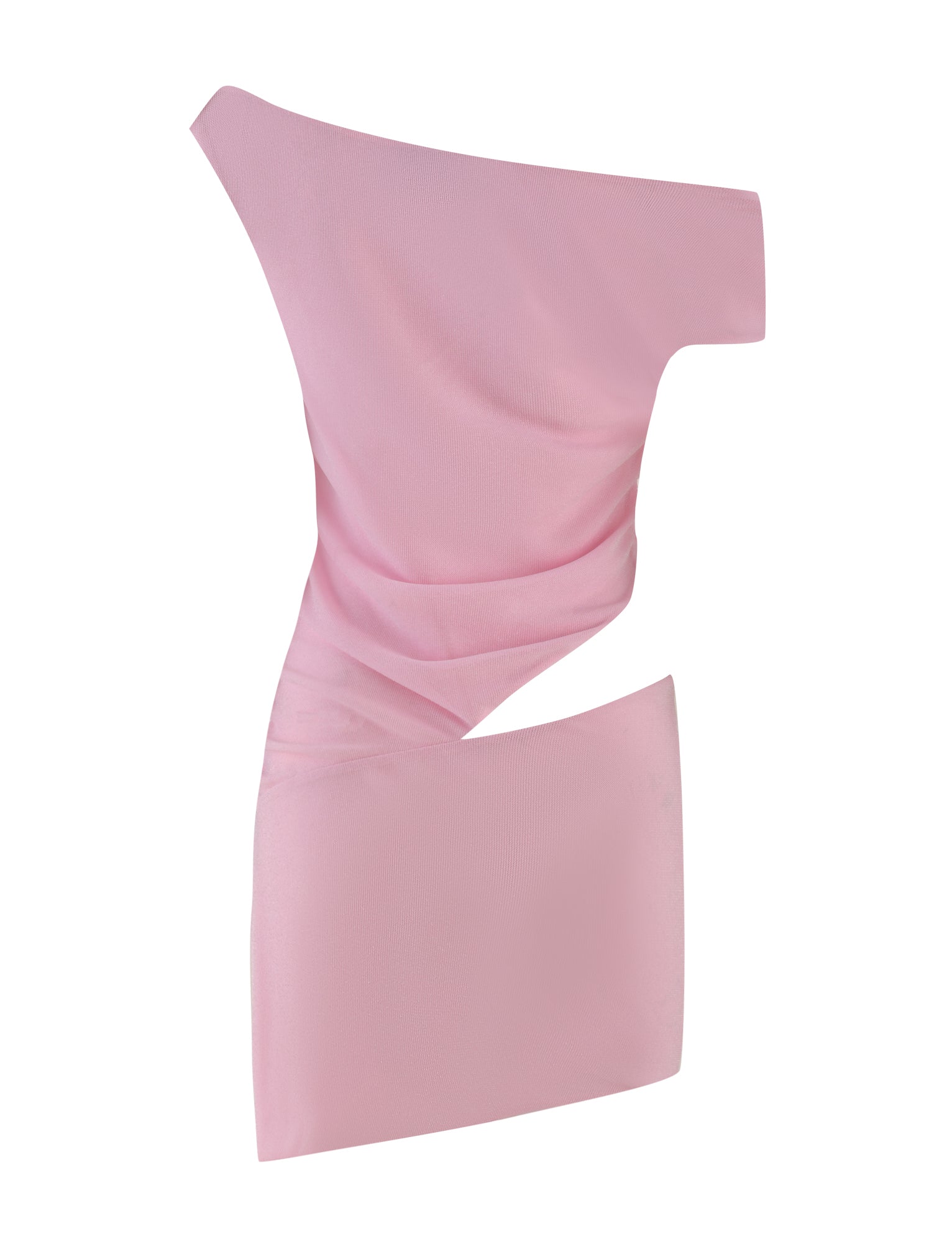 Introducing the COBI MINI DRESS 2.0 in baby pink by TIGERMIST, an asymmetrical mini dress designed with a distinctive waist cutout. Its draped style offers flowing elegance, while the glittery fabric adds a touch of charm. This dress feels soft and lightweight, making it perfect for any occasion.
